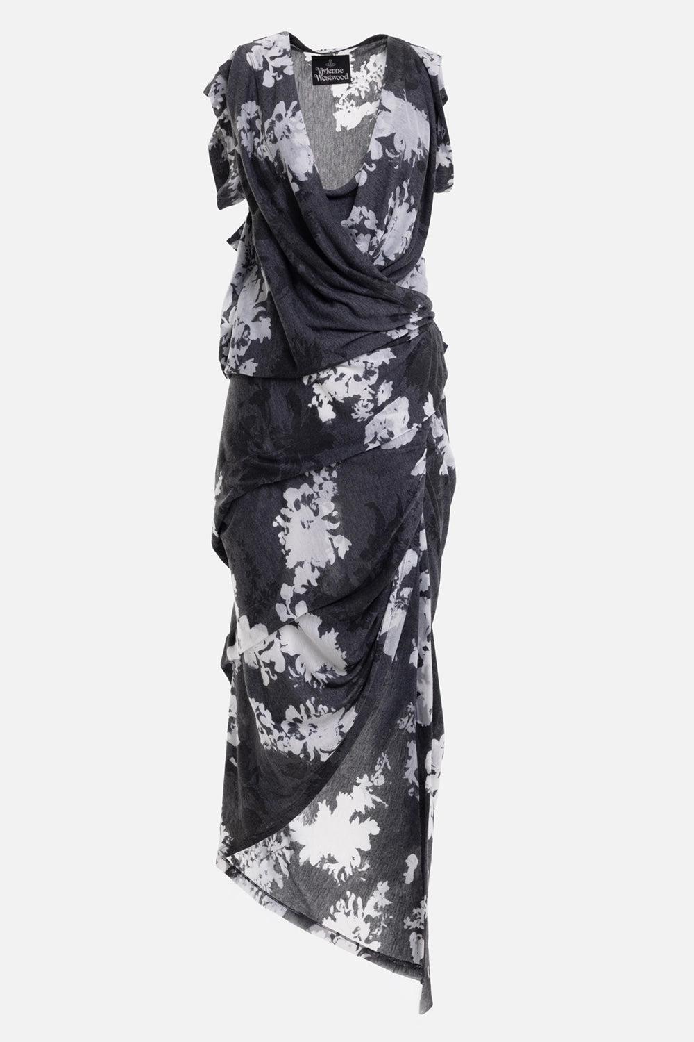 Vivienne Westwood women's dress in grey/flowers, front view, cowl neckline and layered wrap panels