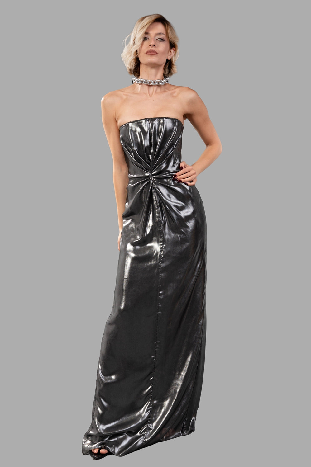Sehnsucht dress in gunmetal, on-model full length with strapless column silhouette and ruched waist knot