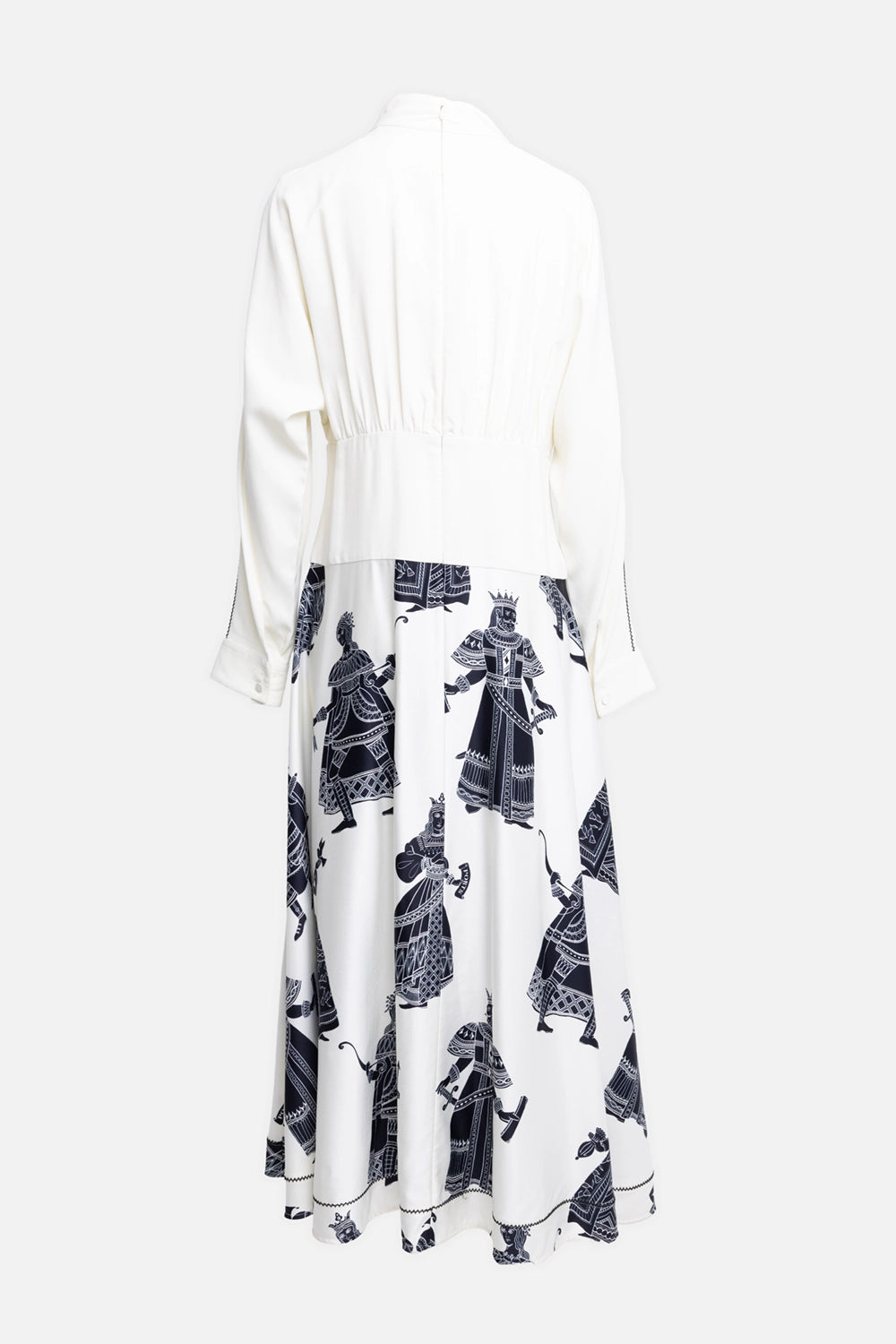 Pre-owned Ports 1961 women's dress in ivory with navy print, back view, concealed zip and button cuffs