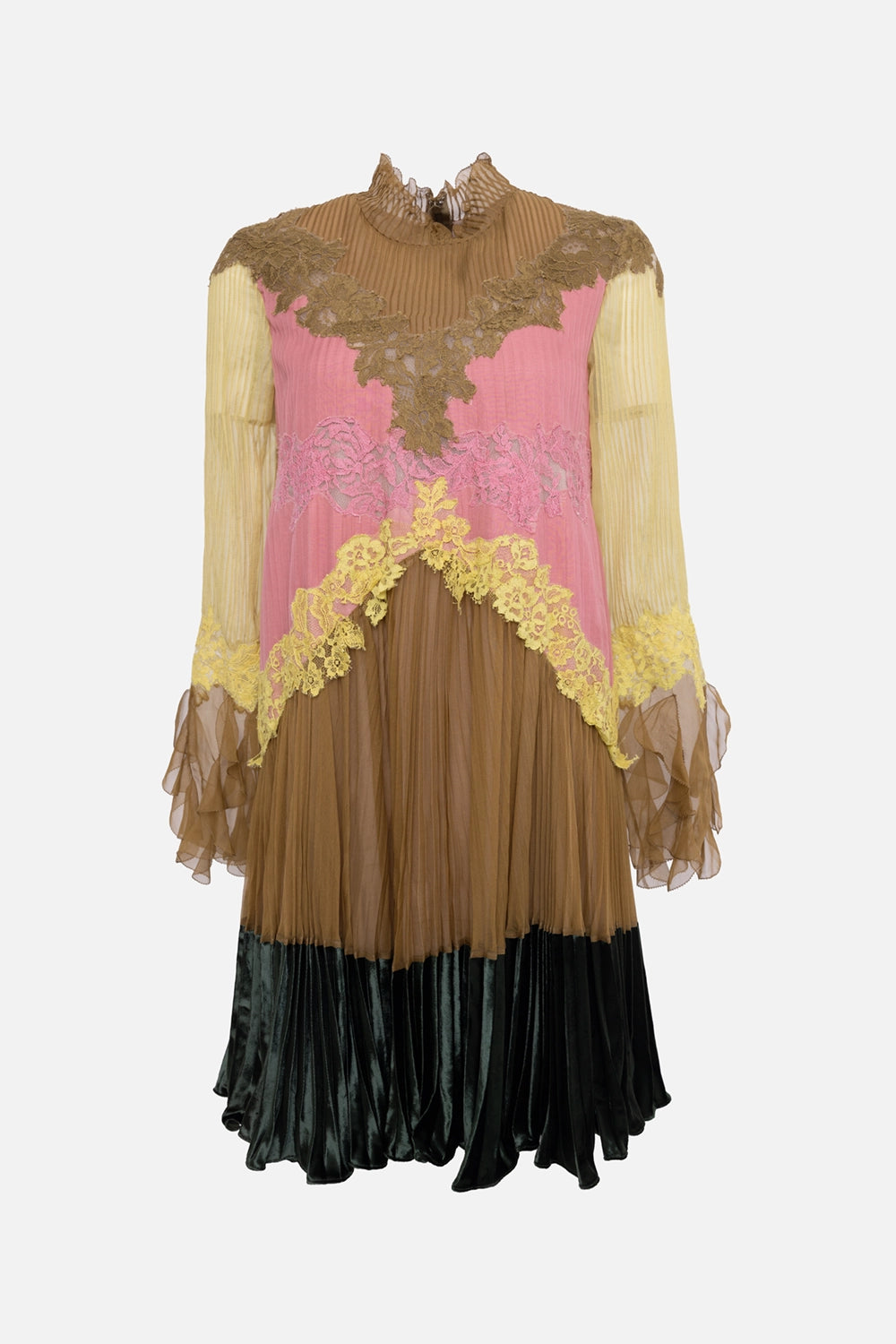 Pre-owned Valentino women's dress in multicolour, front view, lace yoke and pleated panels