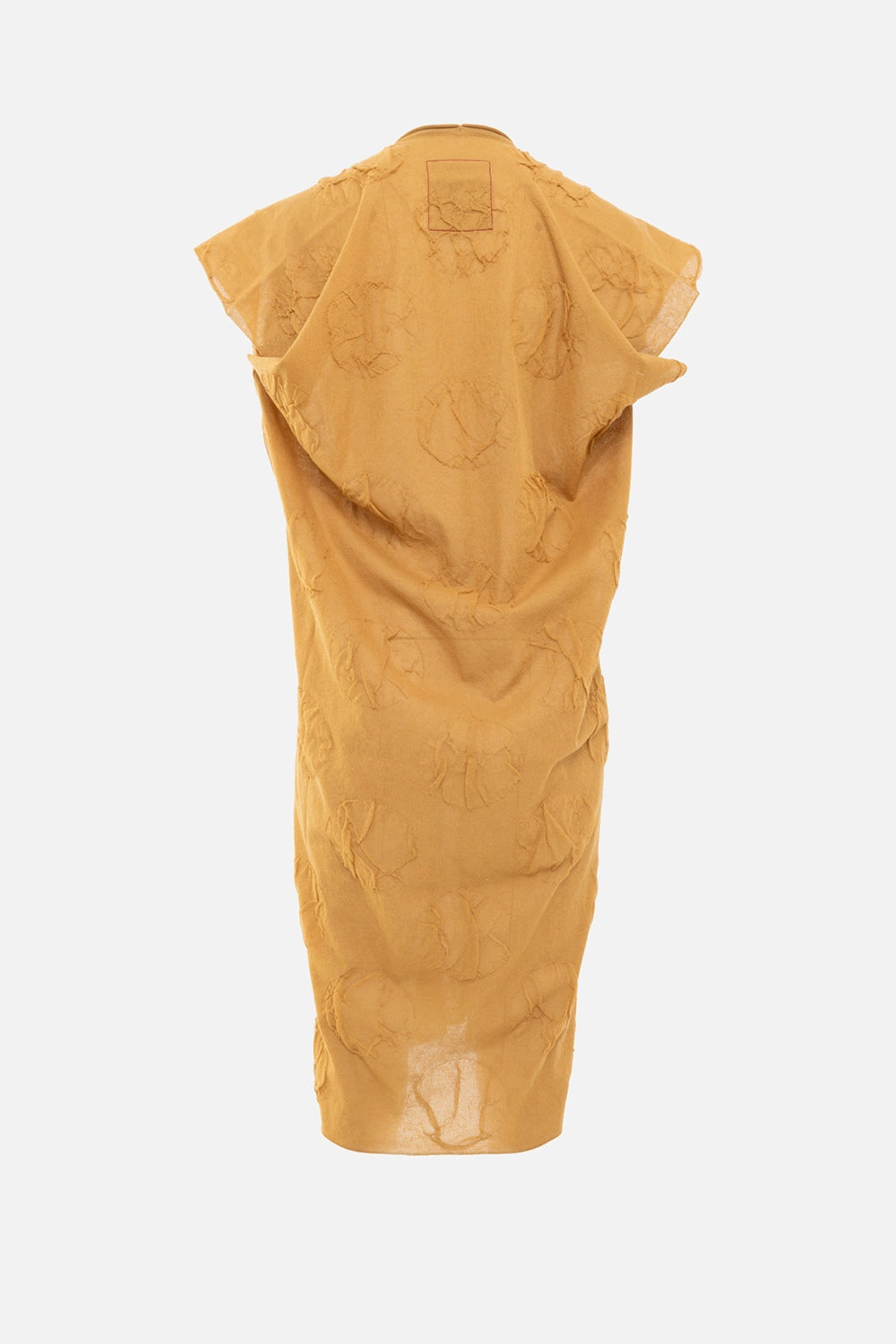 Uma Wang women's midi dress in mustard, back view, cap sleeves with stitched square patch at neckline