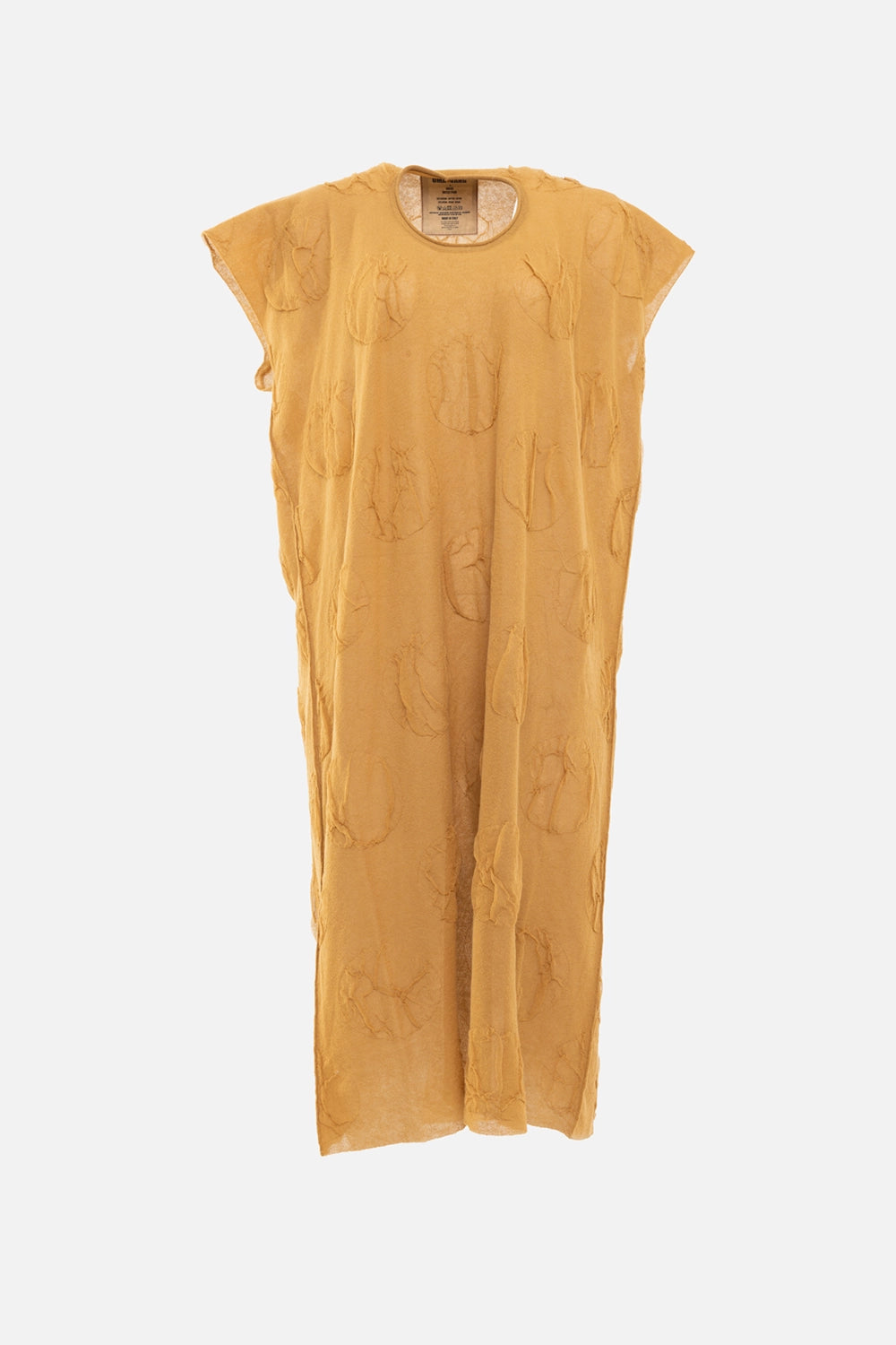Uma Wang women's midi dress in mustard, front view, round neckline with allover raised circle motif in semi-sheer fabric