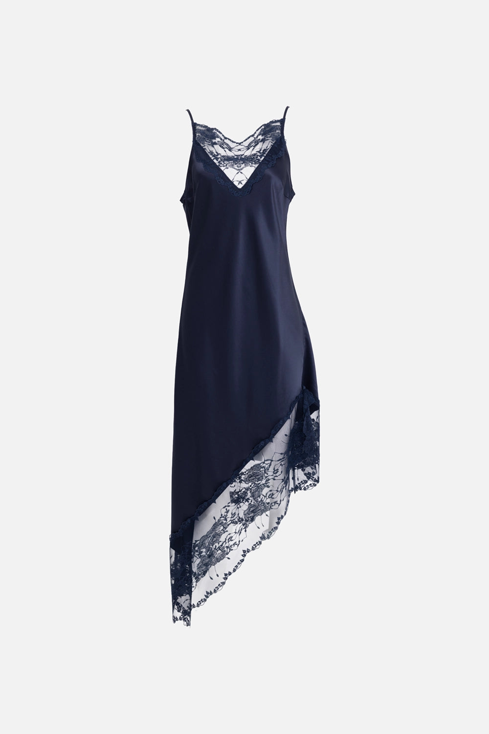 By Malene Birger women slip dress in night sky, front view, lace V-neck insert and asymmetric lace hem panel