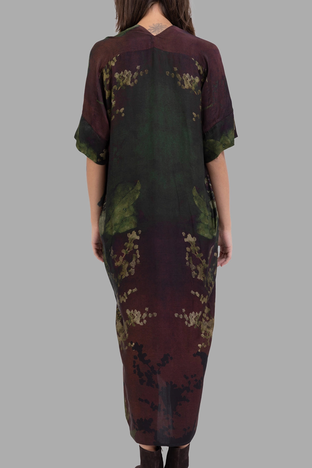Masnada women's dress in Nightshade, back view, kimono sleeves and curved hemline