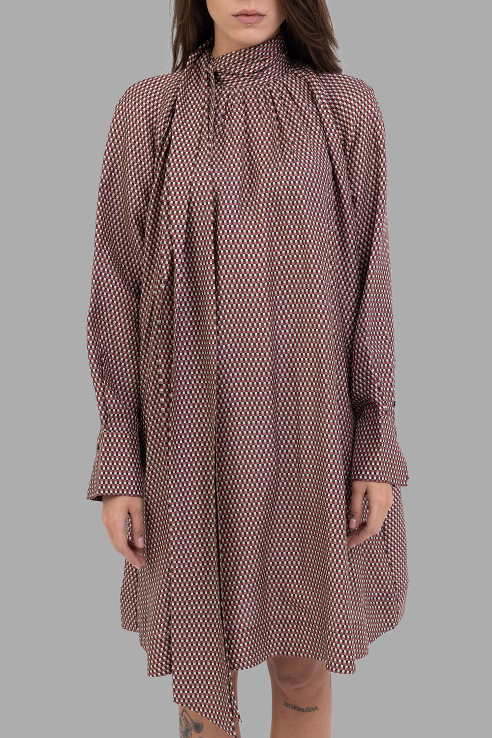 Joseph women dress in Ruby Combo, front view, small-check print and drape panel from neck