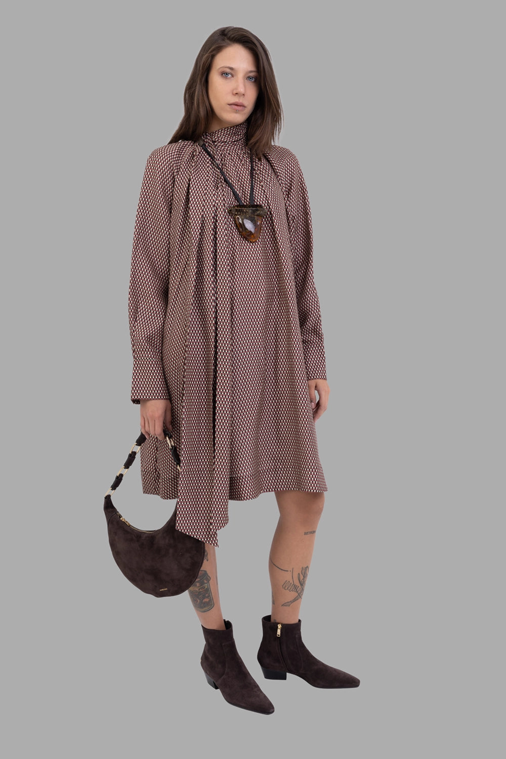 Joseph women dress in Ruby Combo, on-model full length, gathered high neck and A-line shape