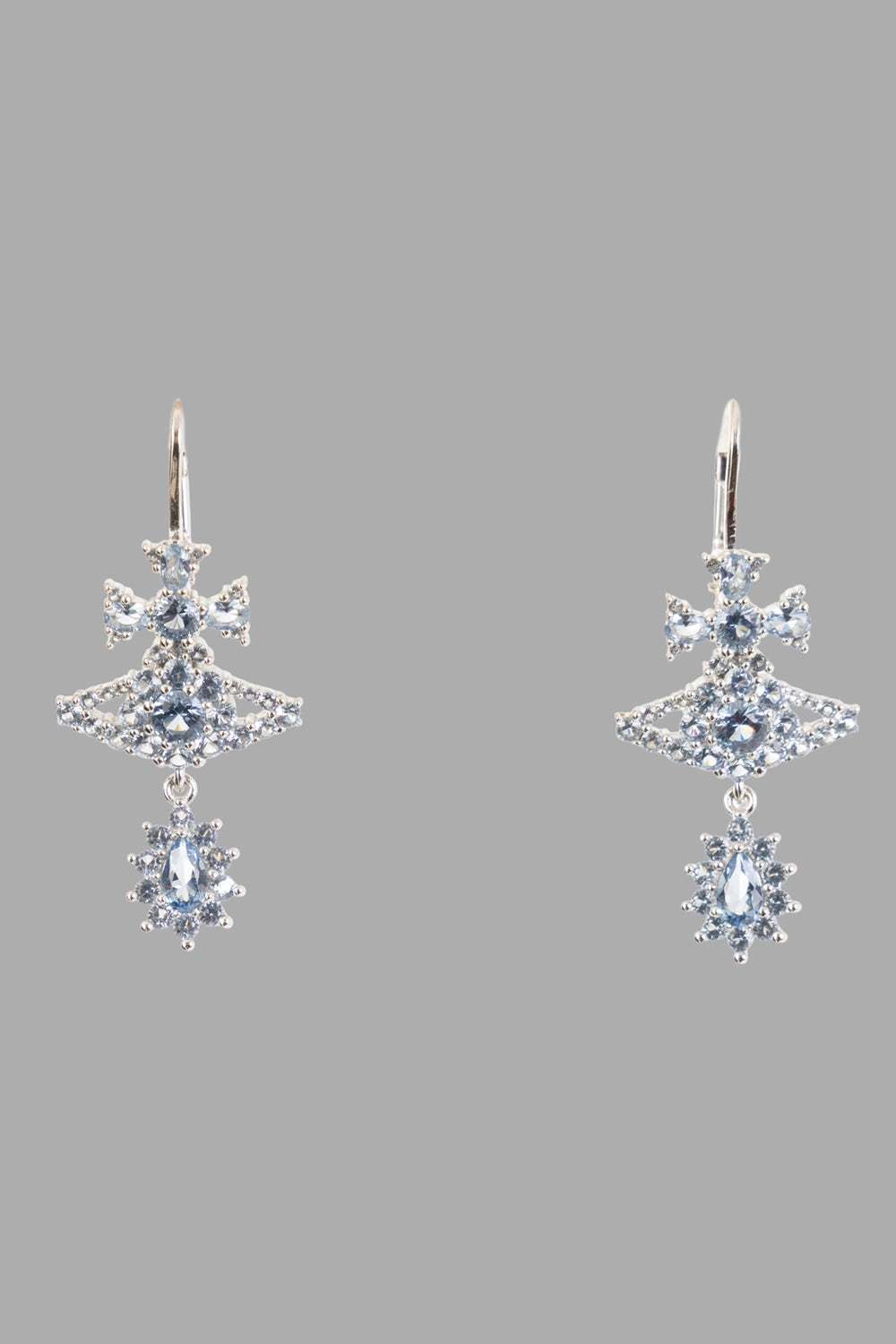 Vivienne Westwood women’s blue-crystal Orb drop earrings in platinum tone, front view with hook fastening and teardrop halo pendant