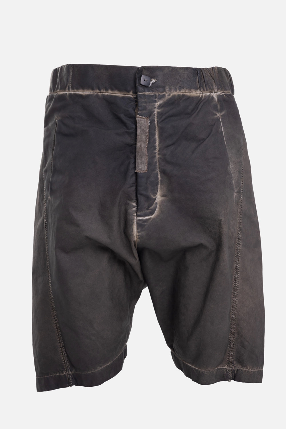 MD75 men's shorts in ash resin, front view with button closure and exposed side seams