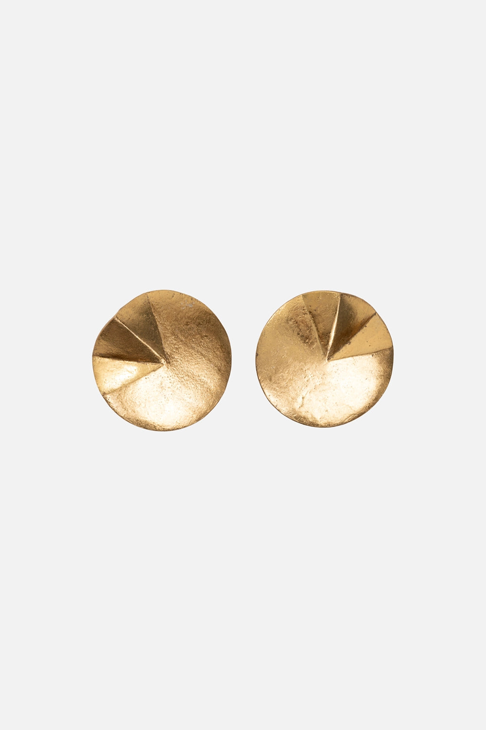 Monies women's earclips in gold, front view, circular discs with faceted wedge detail.