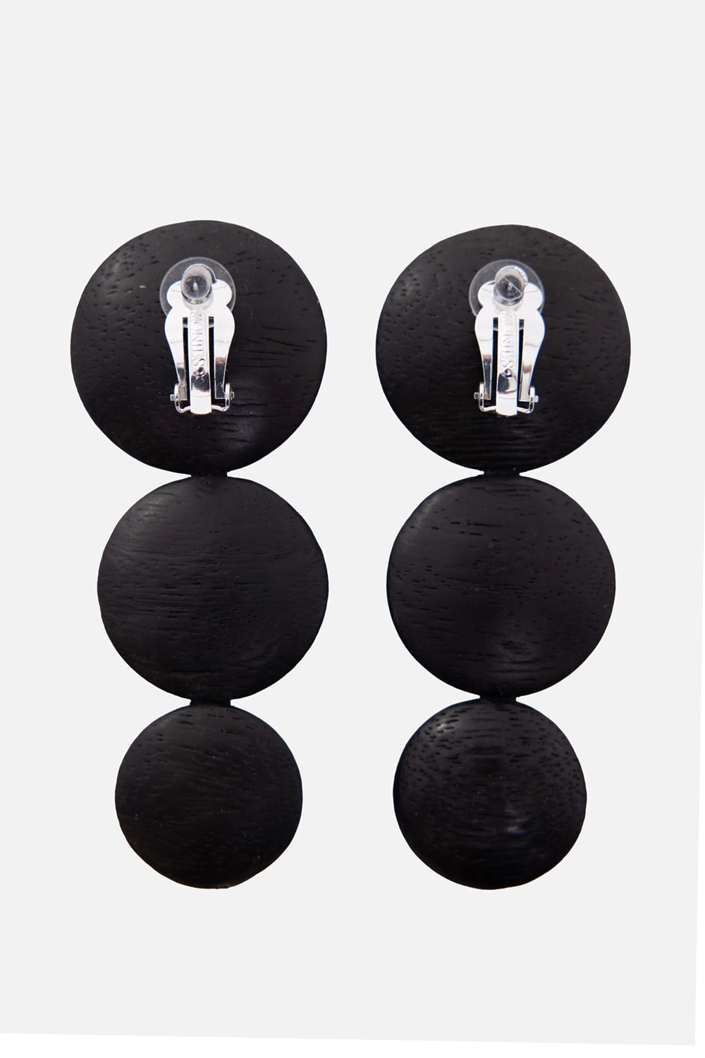 Monies women's earrings in black/silver, back view, clip-on hardware and black wood grain discs