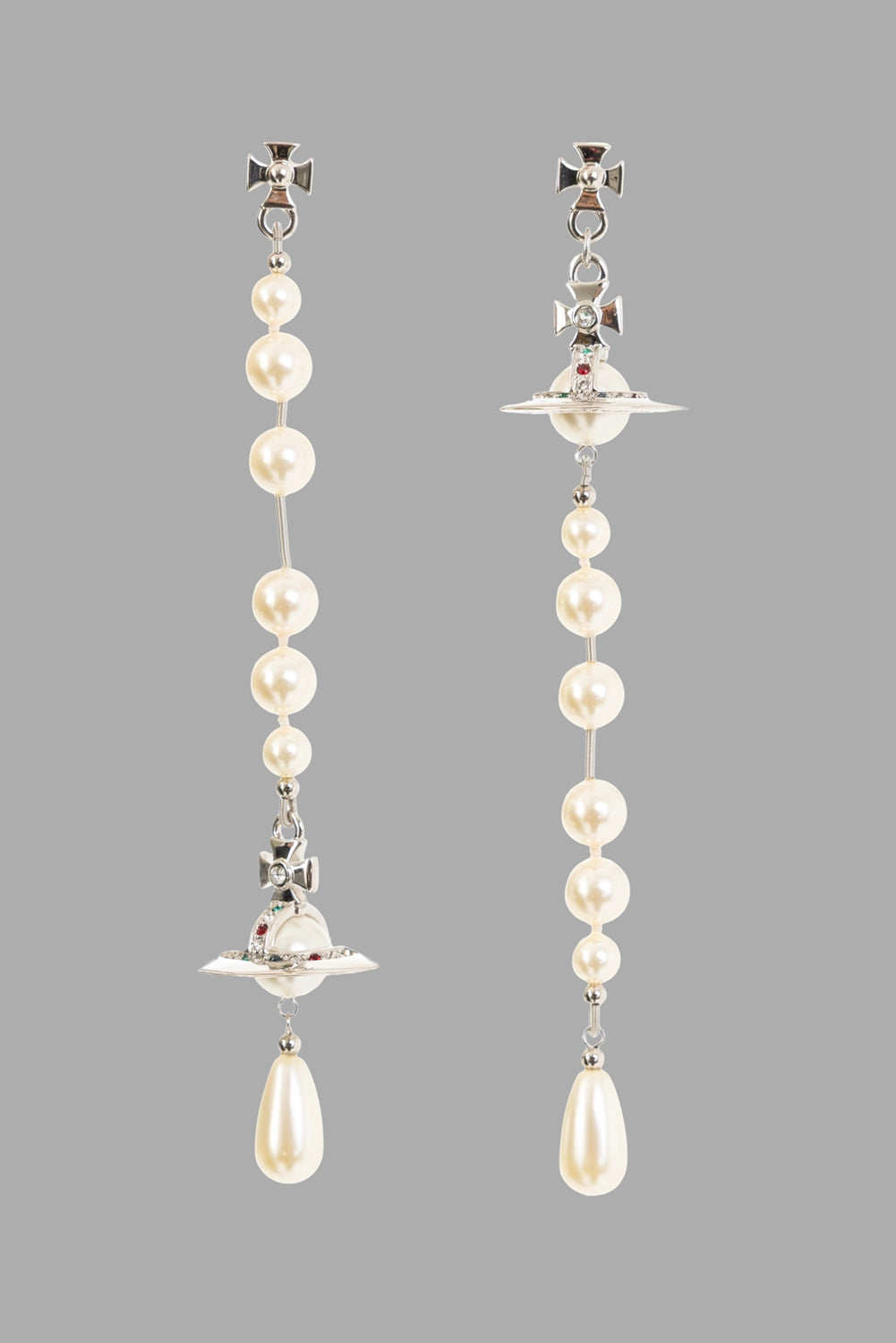 Vivienne Westwood women's broken pearl earrings in platinum/pearl, front view, mismatched Orb motifs and teardrop pearls