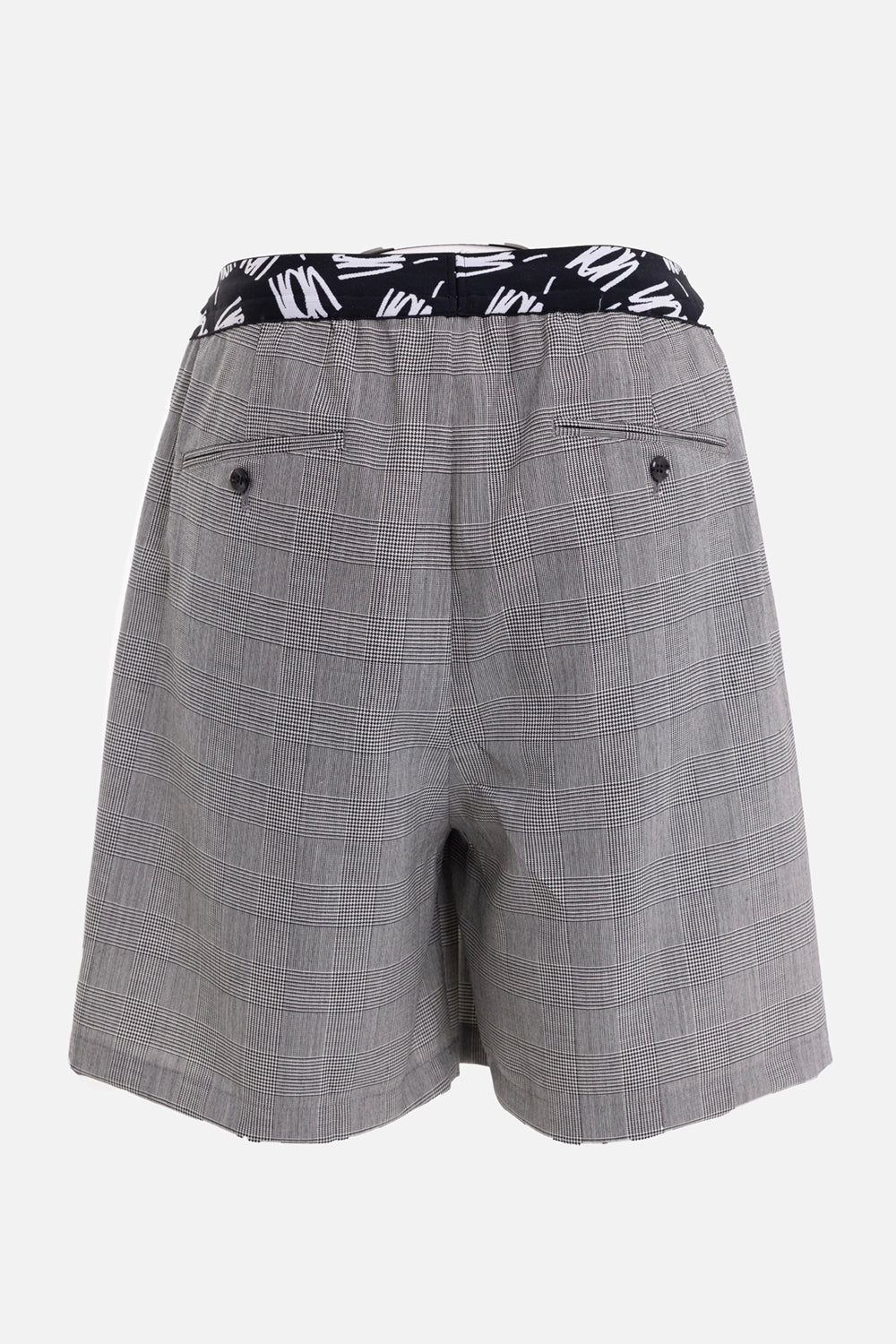 VEIN men's grey glencheck shorts, back view, twin buttoned welt pockets and logo waistband