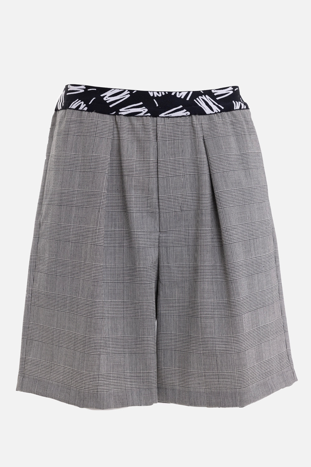 VEIN men's grey glencheck shorts, front view, jacquard logo waistband and single front pleat