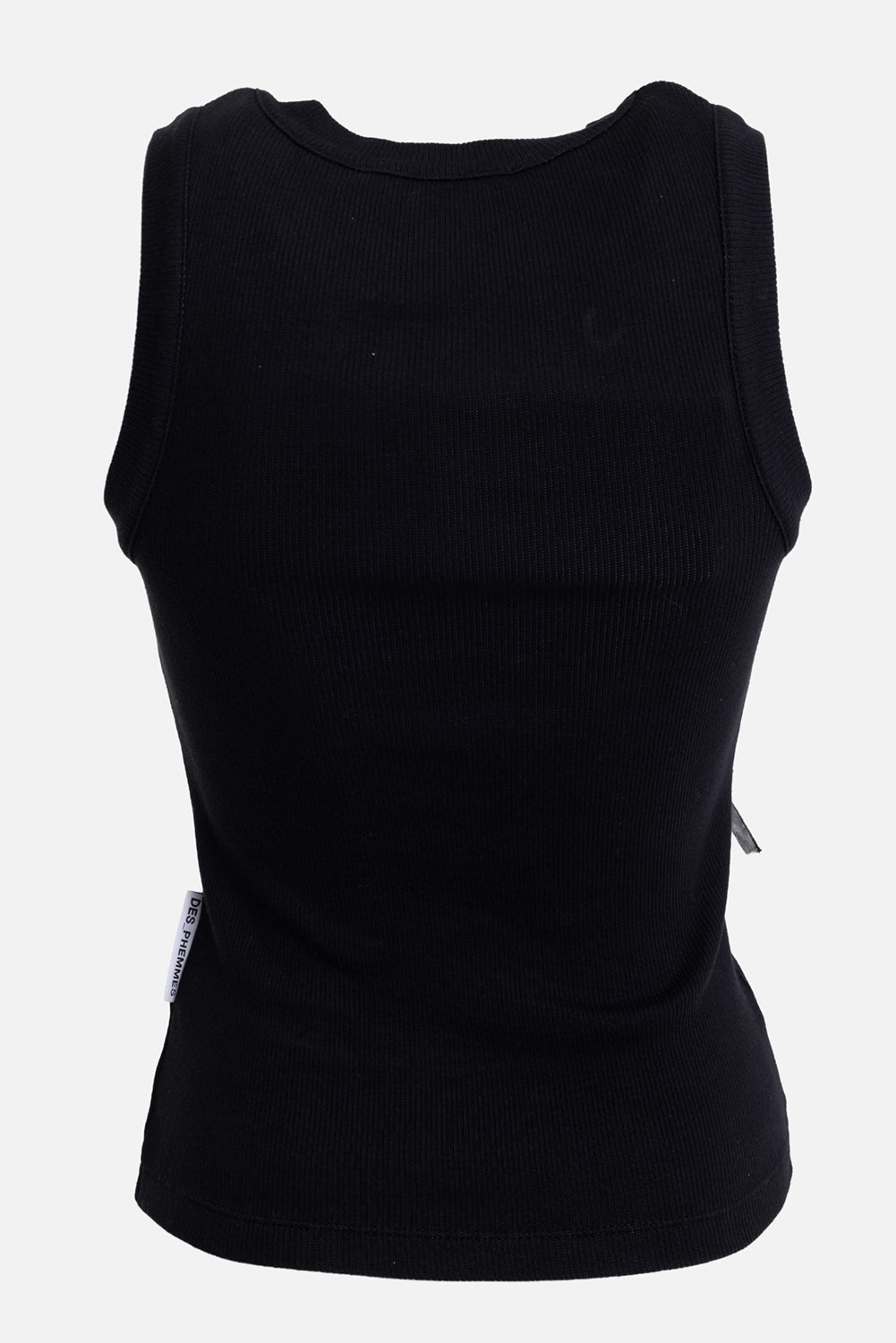 Des Phemmes women's rib tank top in black, back view, clean sleeveless back and ribbed jersey