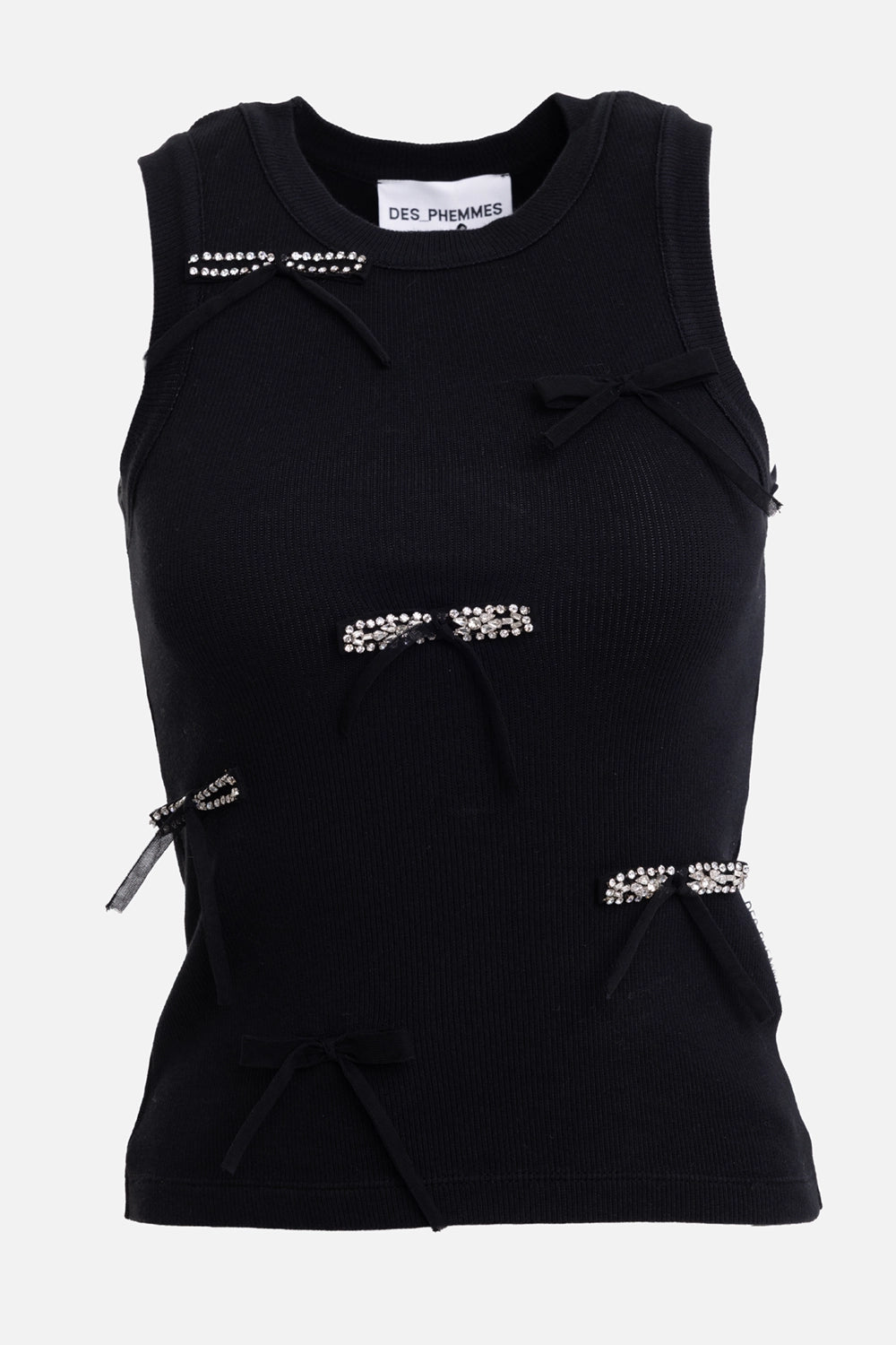 Des Phemmes women's rib tank top in black, front view, crystal bows and ribbon ties