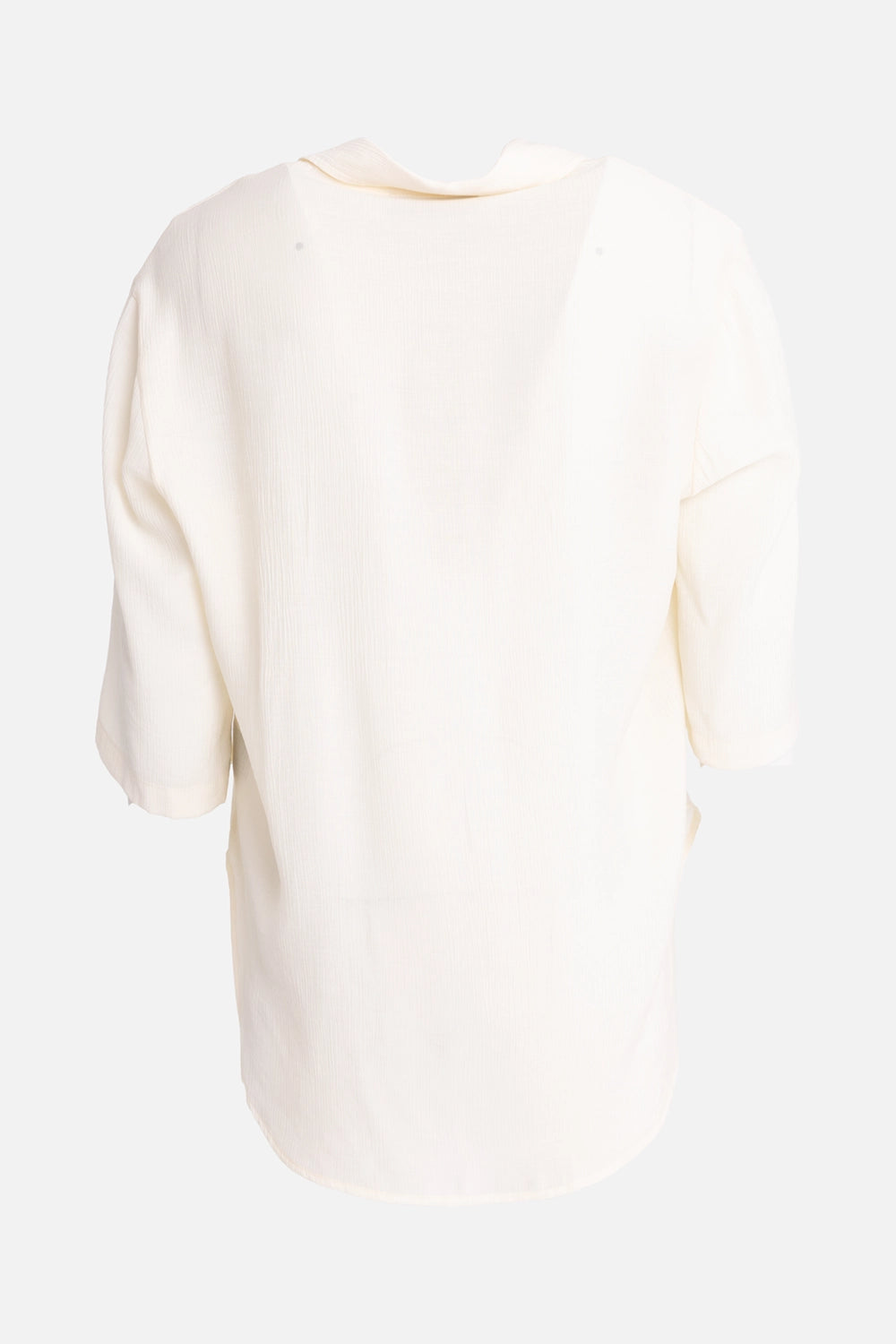 LA HAINE INSIDE US men's rayon overshirt in white, back view, plain semi-sheer back and short sleeves