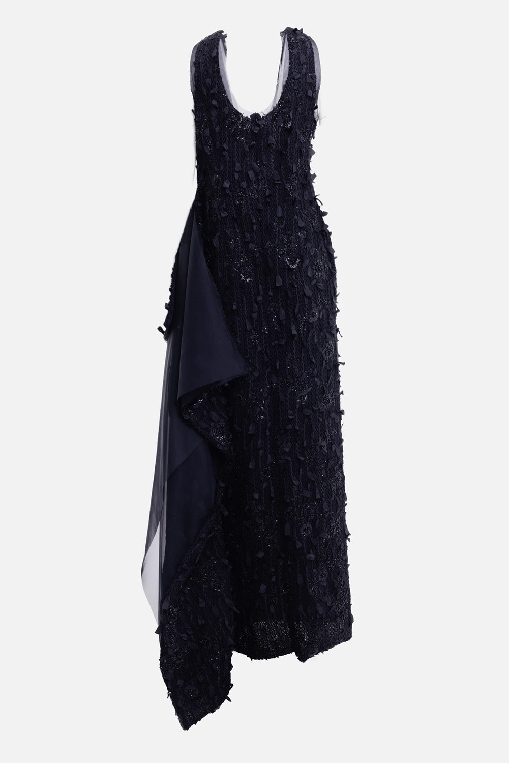 A.W.A.K.E. MODE embroidered jacquard tank maxi dress in black, three-quarter view showing sculptural side drape