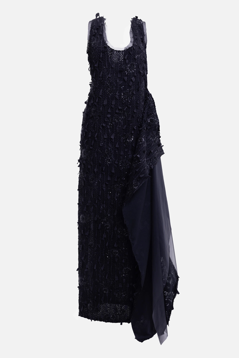 A.W.A.K.E. MODE embroidered jacquard tank maxi dress in black, front view with textured embellishments and asymmetric hem