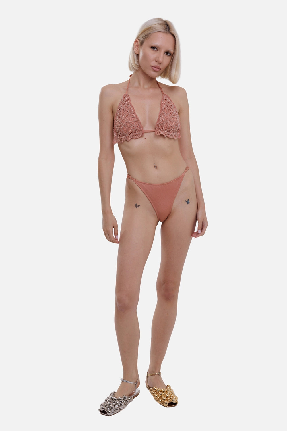 Anjuna women's bikini in blush pink, on-model full-length view, macramé triangle top and side-tie bottom