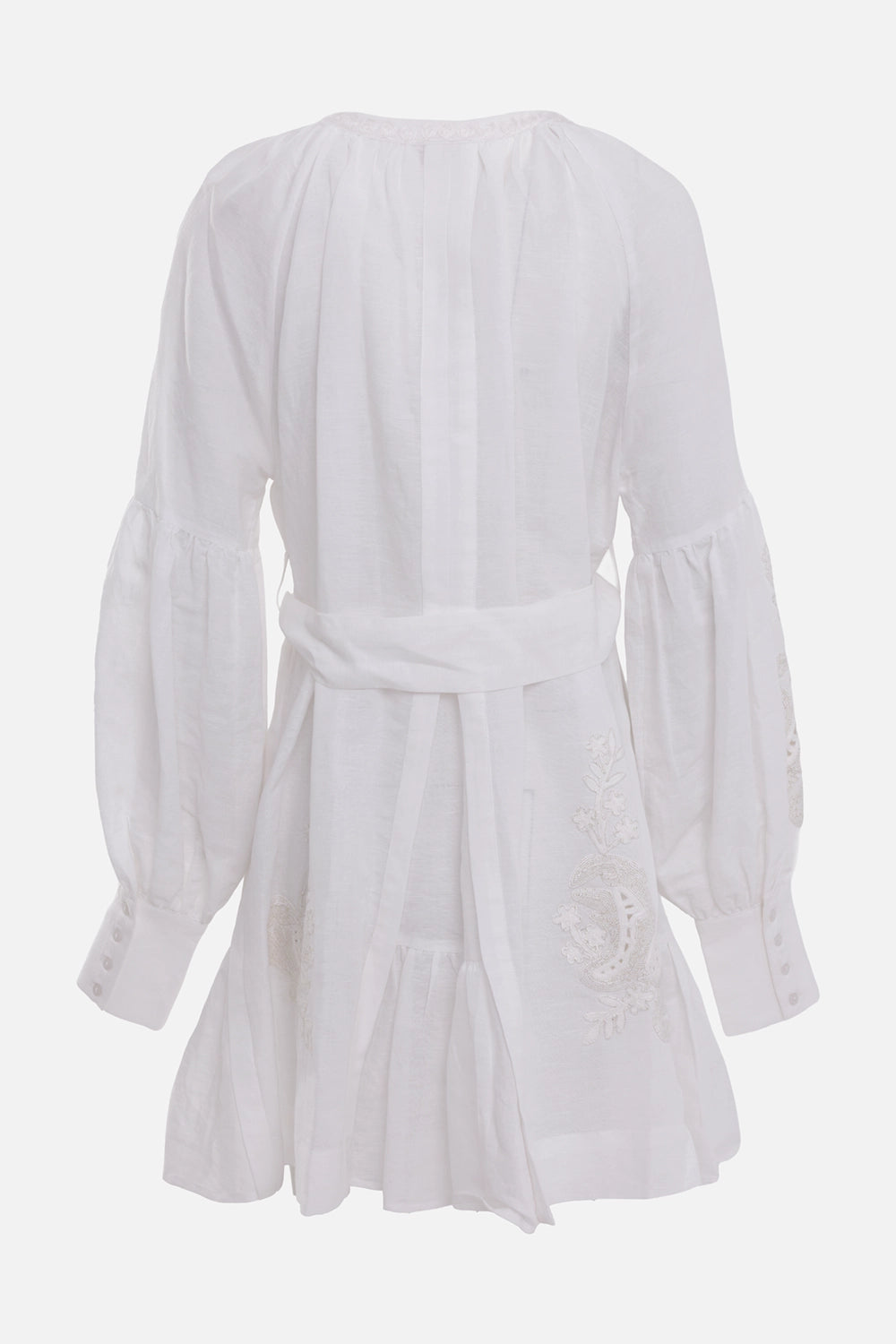 Anjuna women embroidered short dress in white, back view, waist ties and buttoned wide cuffs