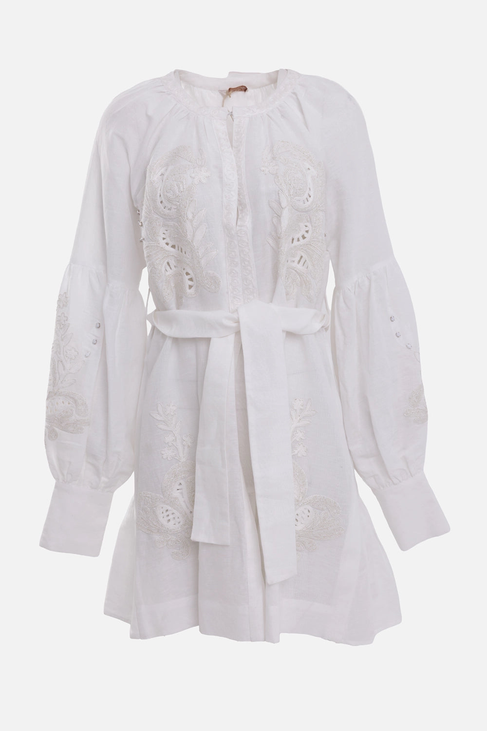 Anjuna women embroidered short dress in white, front view, tonal cutwork embroidery and self-tie belt