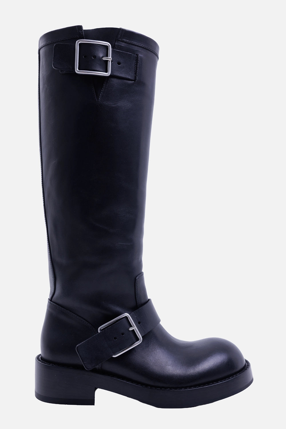 Ann Demeulemeester women's Arwa boots in black, side view with two silver buckle straps and low block heel
