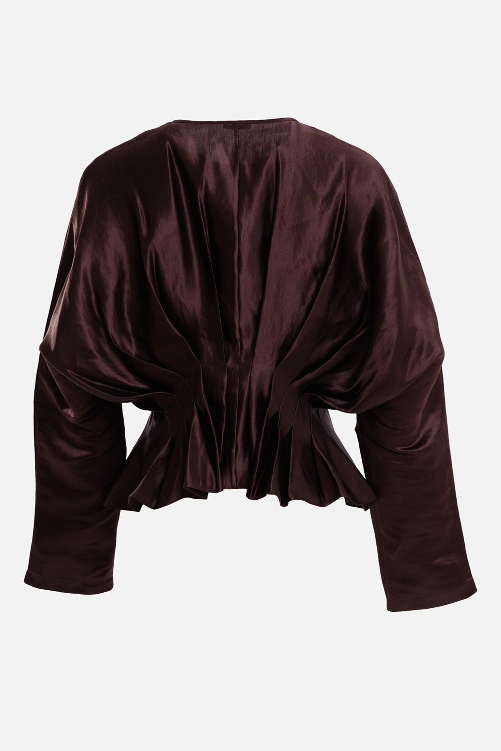 Joseph women's Eris blouse in Patina brown, back view with voluminous sleeves and softly flared gathered hem