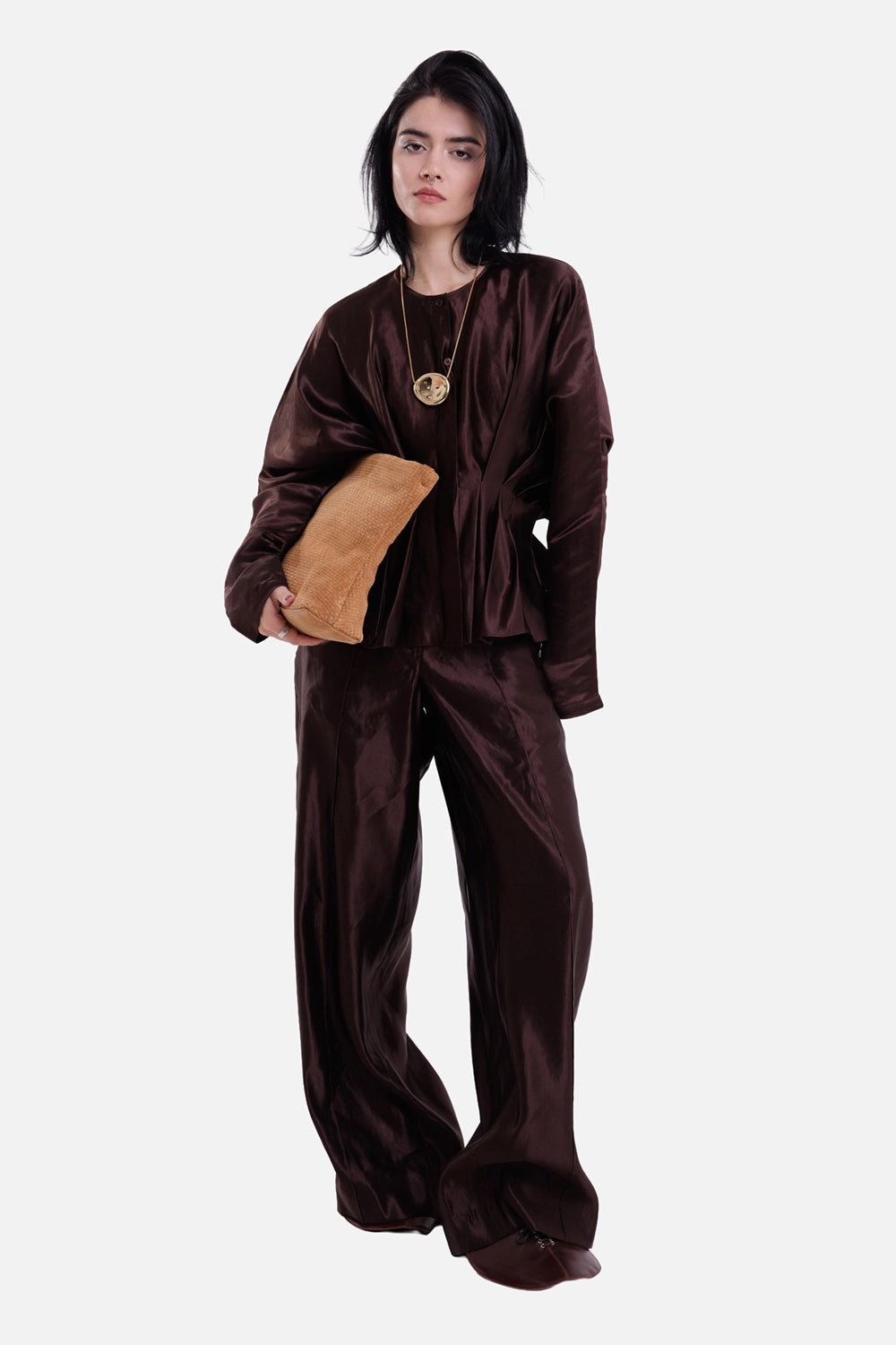 Joseph women's Eris blouse in Patina brown, full-length model view with gathered waist and lustrous finish
