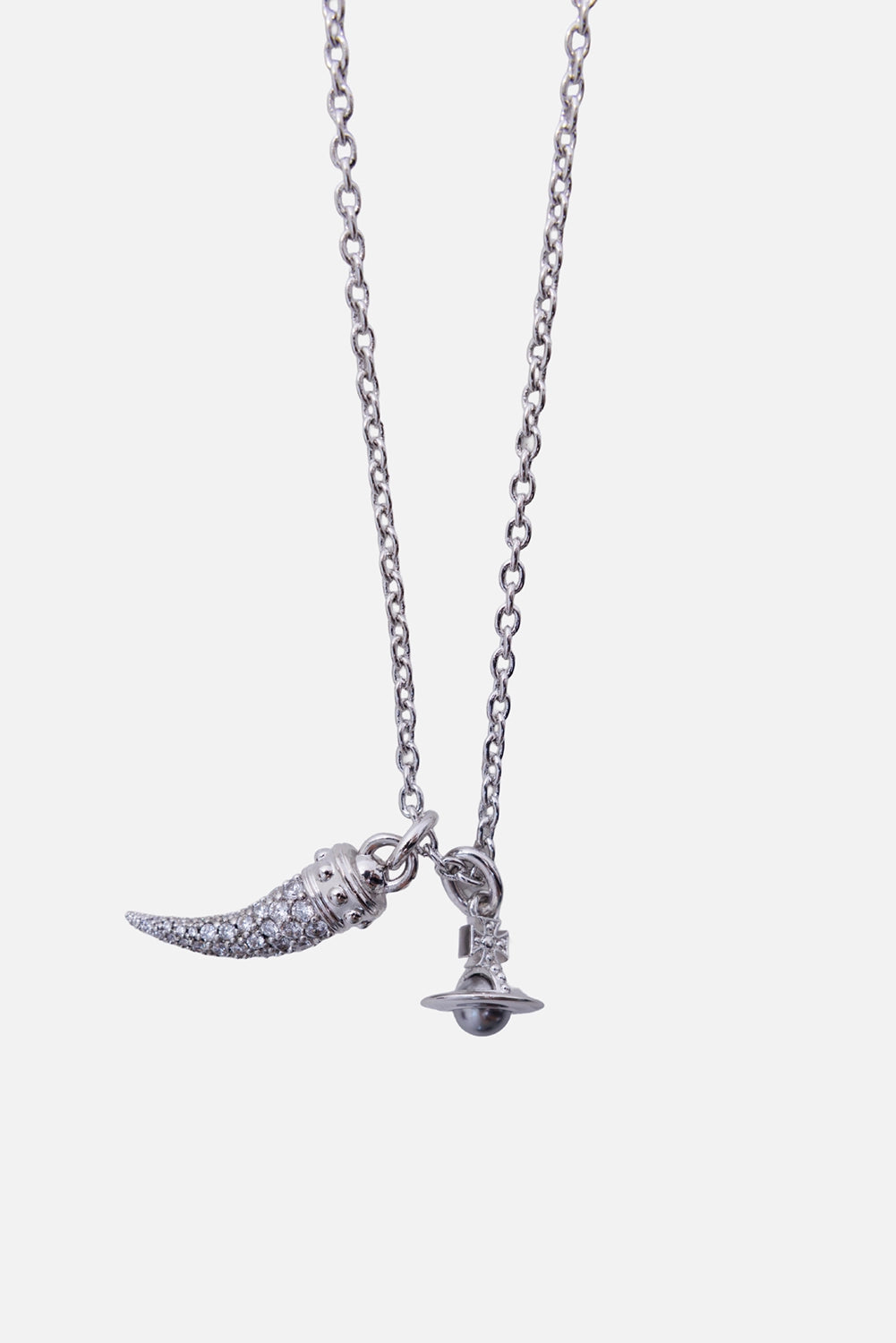 Vivienne Westwood men's necklace in platinum, pendant detail with pavé tiger tooth, Orb charm and grey pearl
