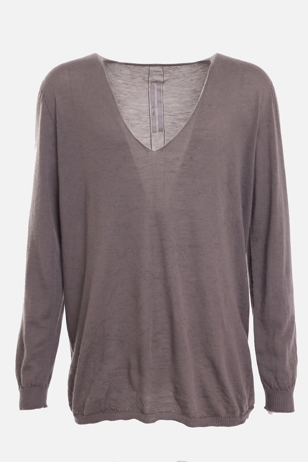 Rick Owens men's V-neck sweater in dust, front view, deep V neckline and ribbed cuffs