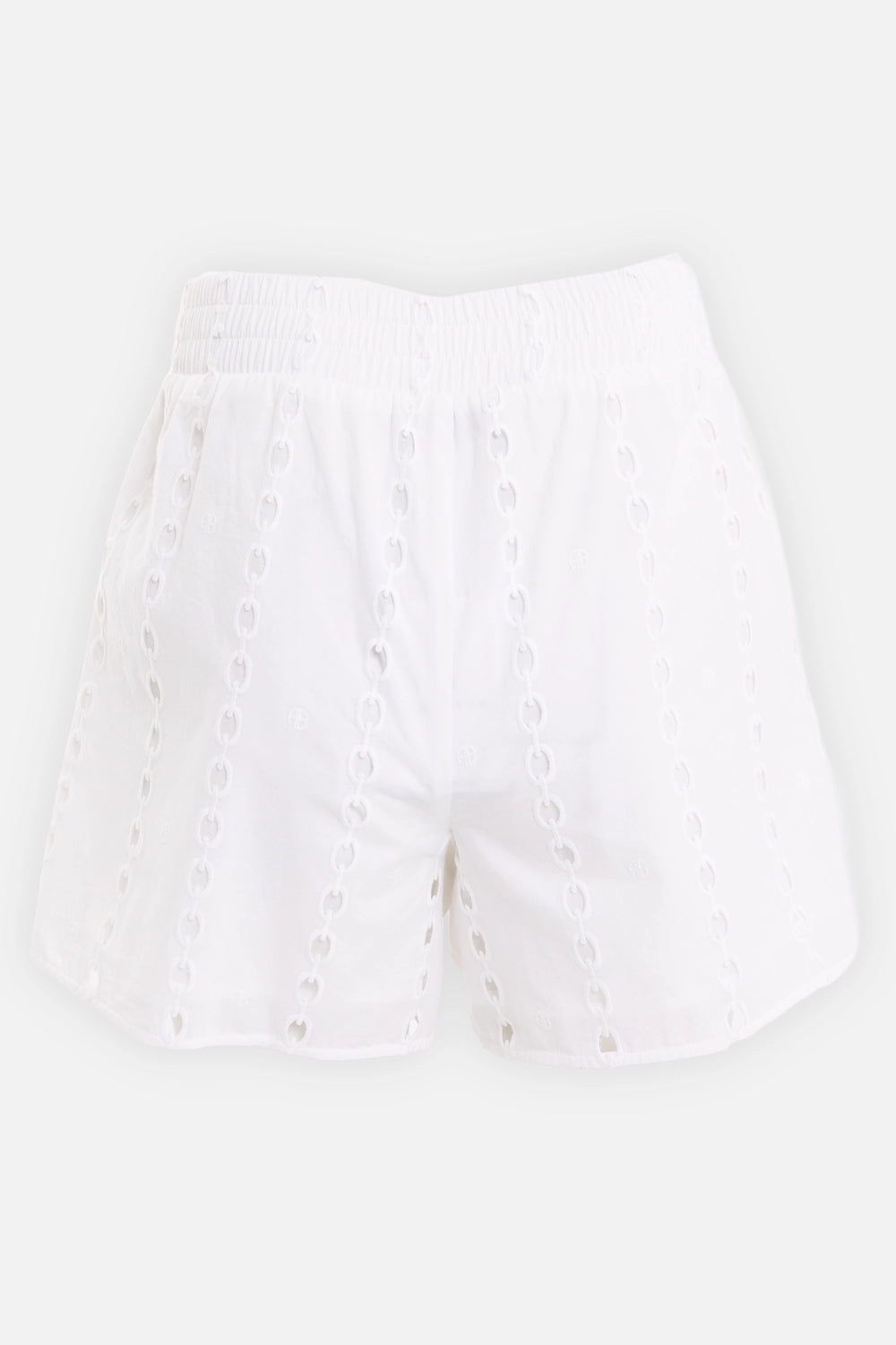 ANINE BING women's shorts in White, back view with elastic waistband and tonal AB motifs