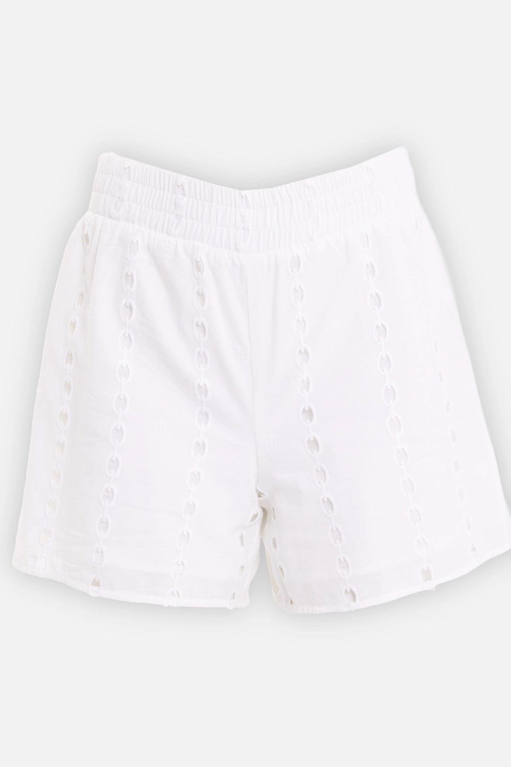 ANINE BING women's shorts in White, front view with elastic waist and vertical eyelet embroidery