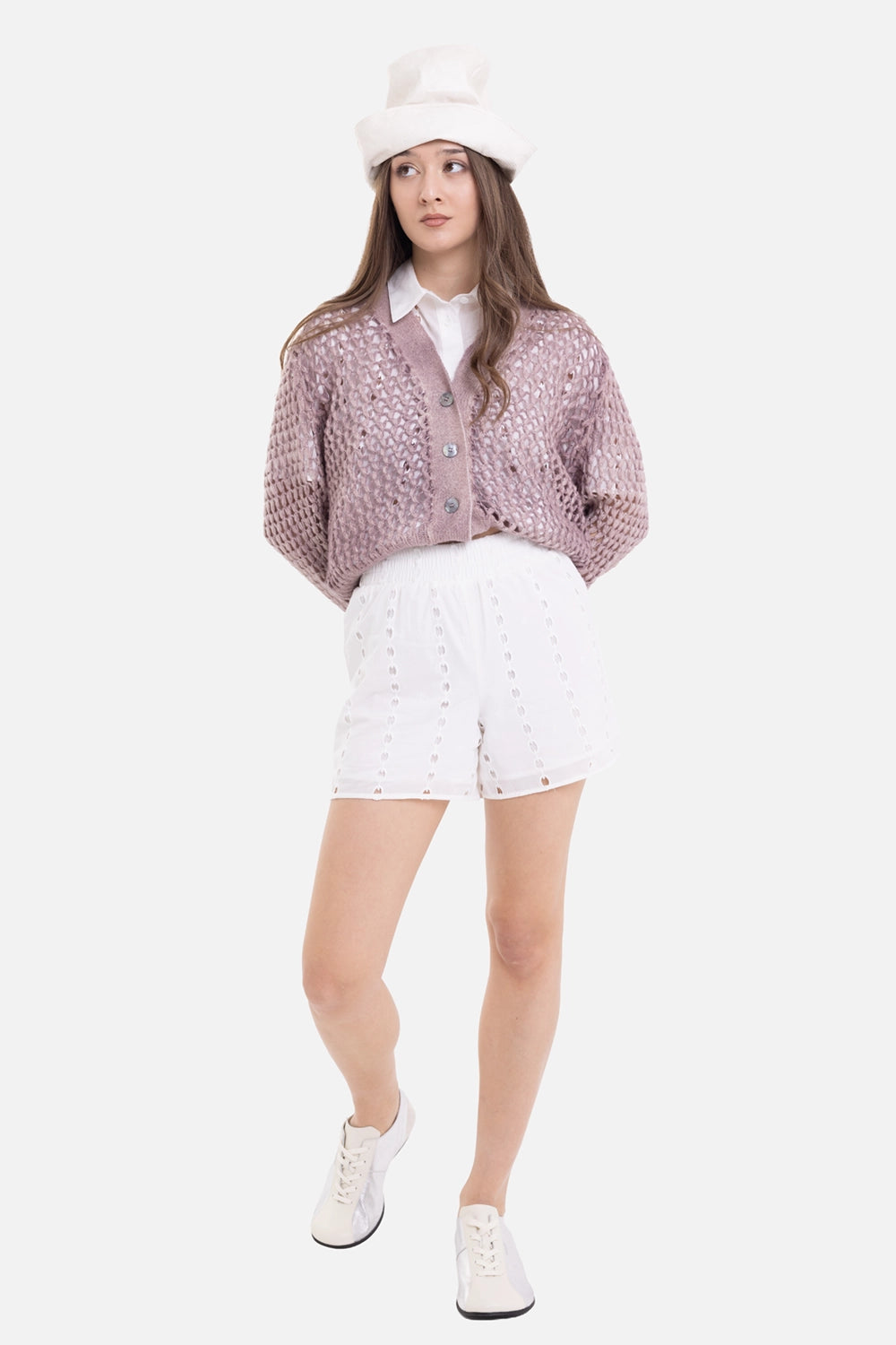 ANINE BING women's shorts in White, on-model full-length view with relaxed fit and eyelet panels
