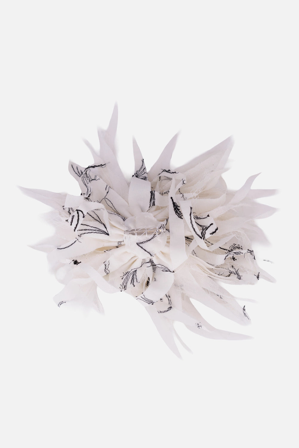Marc Point Venezia flower brooch in white, back view with frayed layers and silver-tone pin fastening