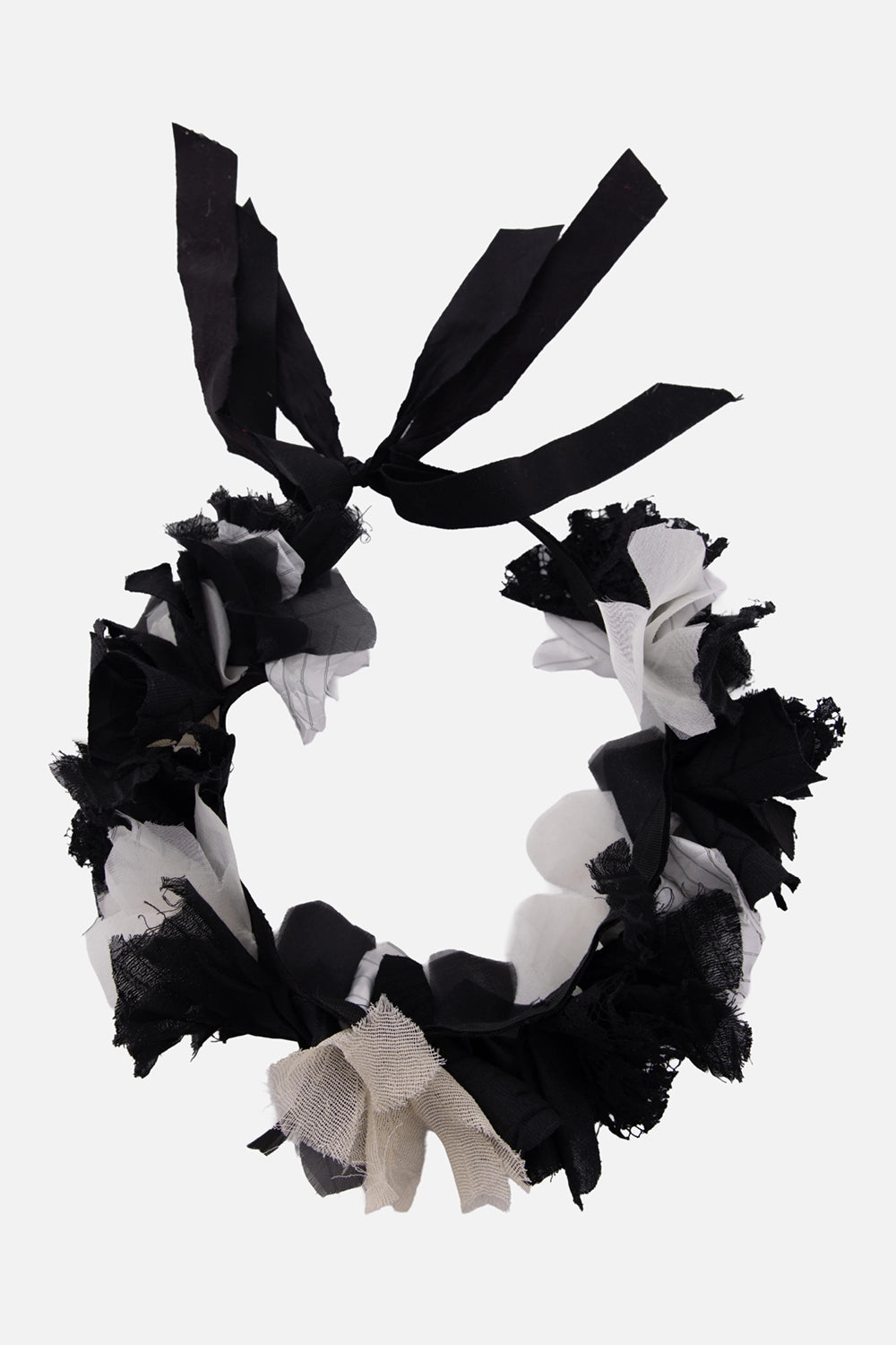 Marc Point Venezia fabric necklace in black and ivory, front view, frayed floral petals and ribbon ties