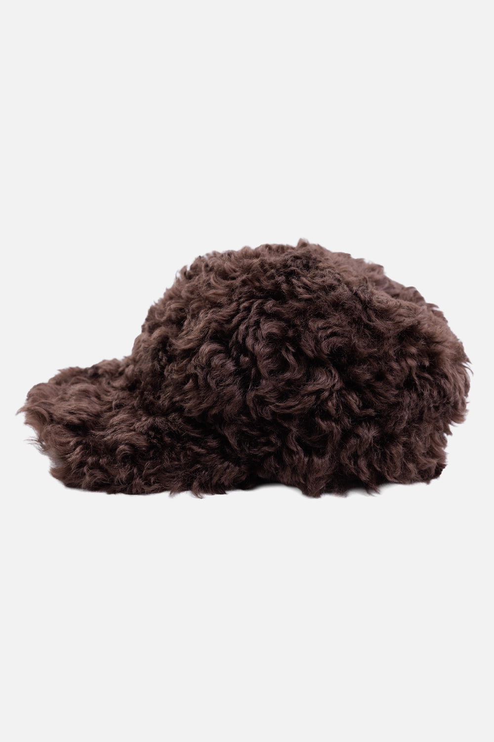 MSGM women's faux-fur baseball cap in brown, side view with plush curved brim and rounded crown