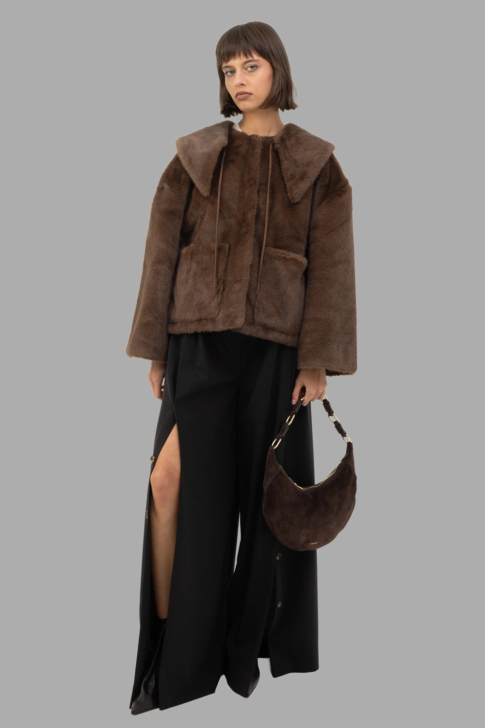By Malene Birger women's faux-fur jacket in Carafe, on-model full length, oversized collar with ties and patch pockets