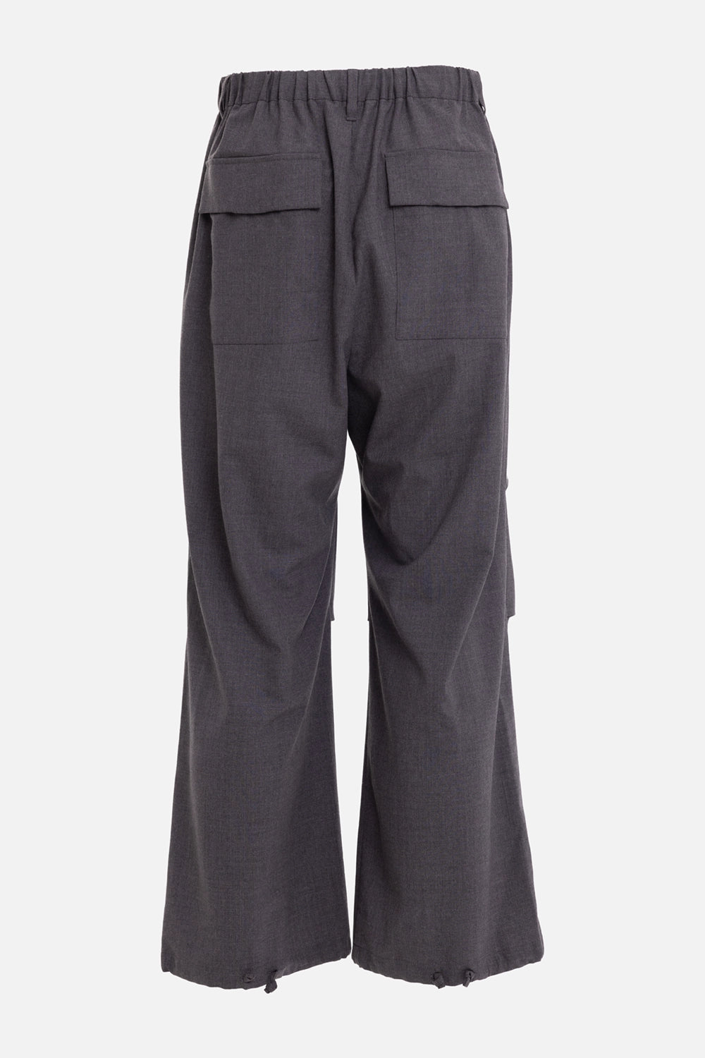 ATTACHMENT men's trousers in dark gray, back view with rear flap pockets, elastic waist and hem drawcords