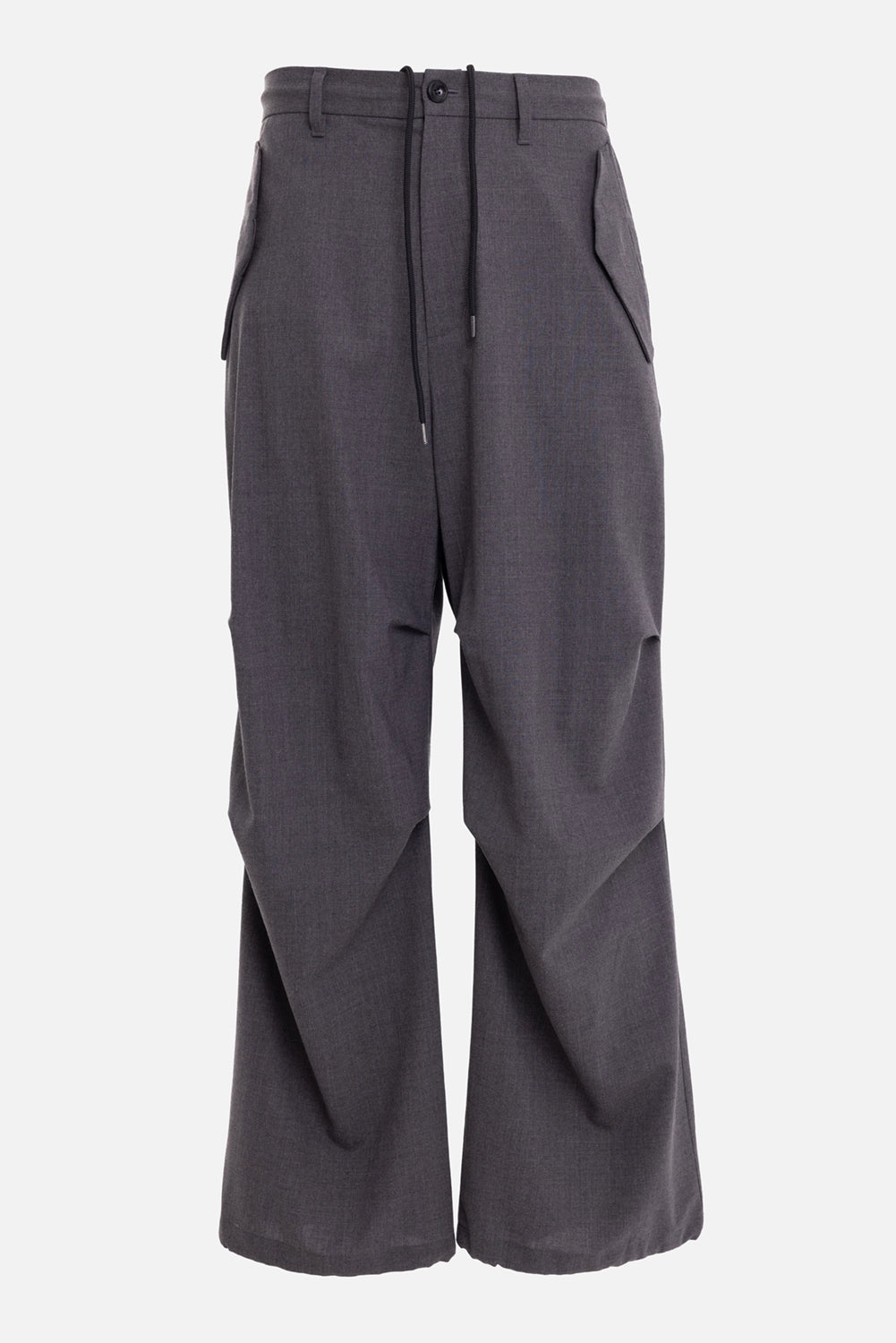 ATTACHMENT men's trousers in dark gray, front view with drawcord waist, side flap pockets and wide leg