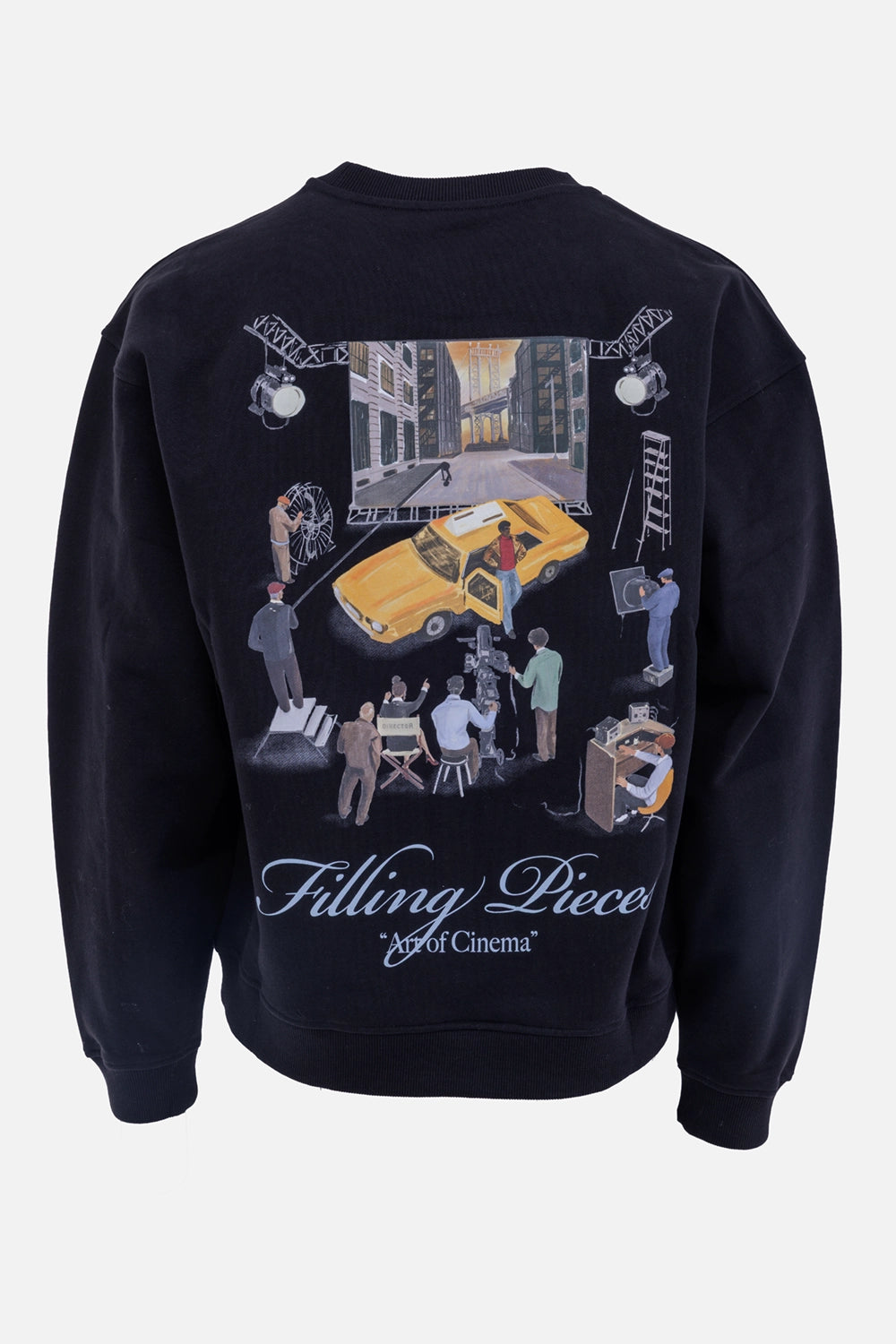 Filling Pieces men's Film Set sweatshirt in black, back view with large cinema crew and yellow car graphic
