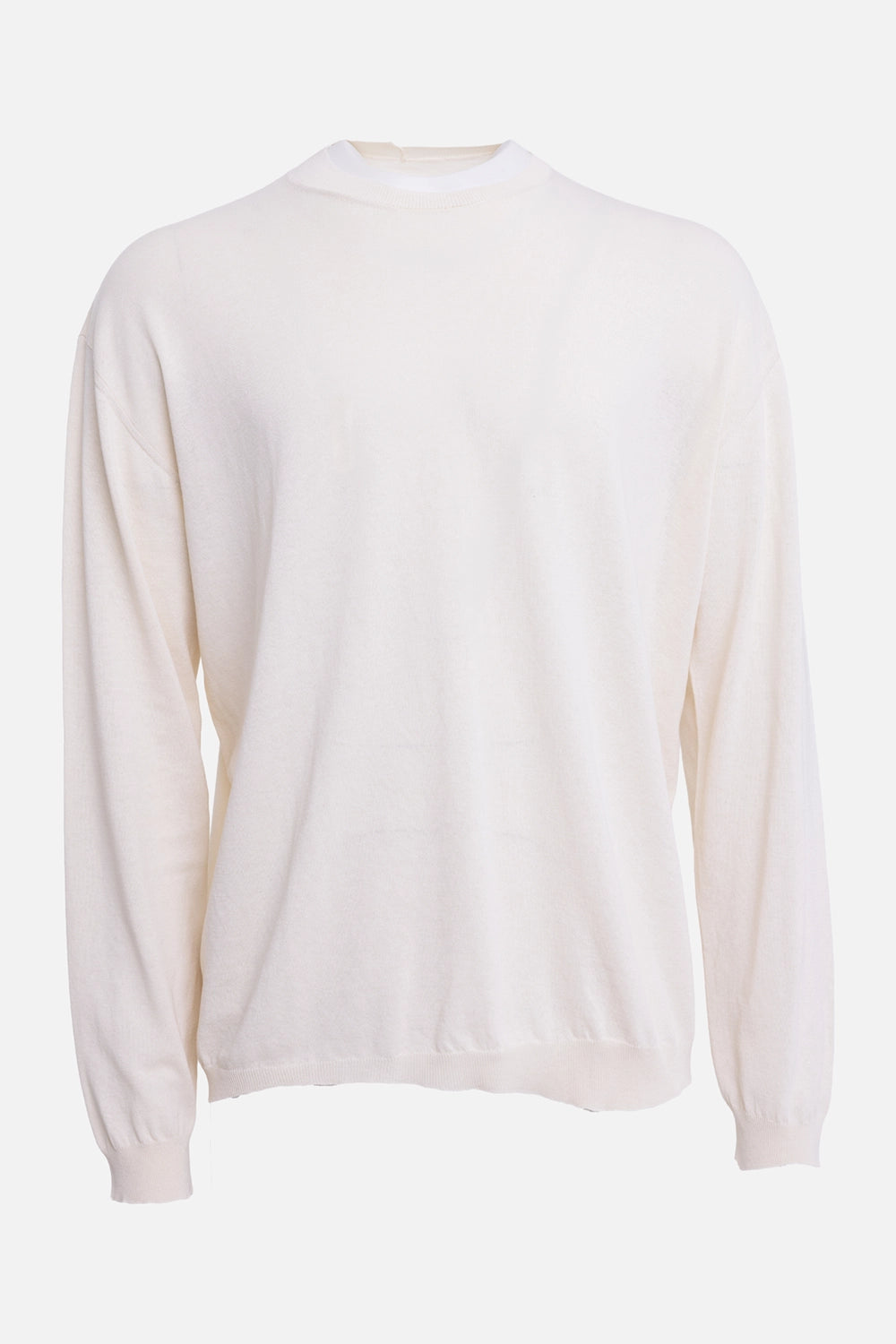 Uma Wang men's crewneck sweater in off white, front view, fine-knit body and dropped shoulders