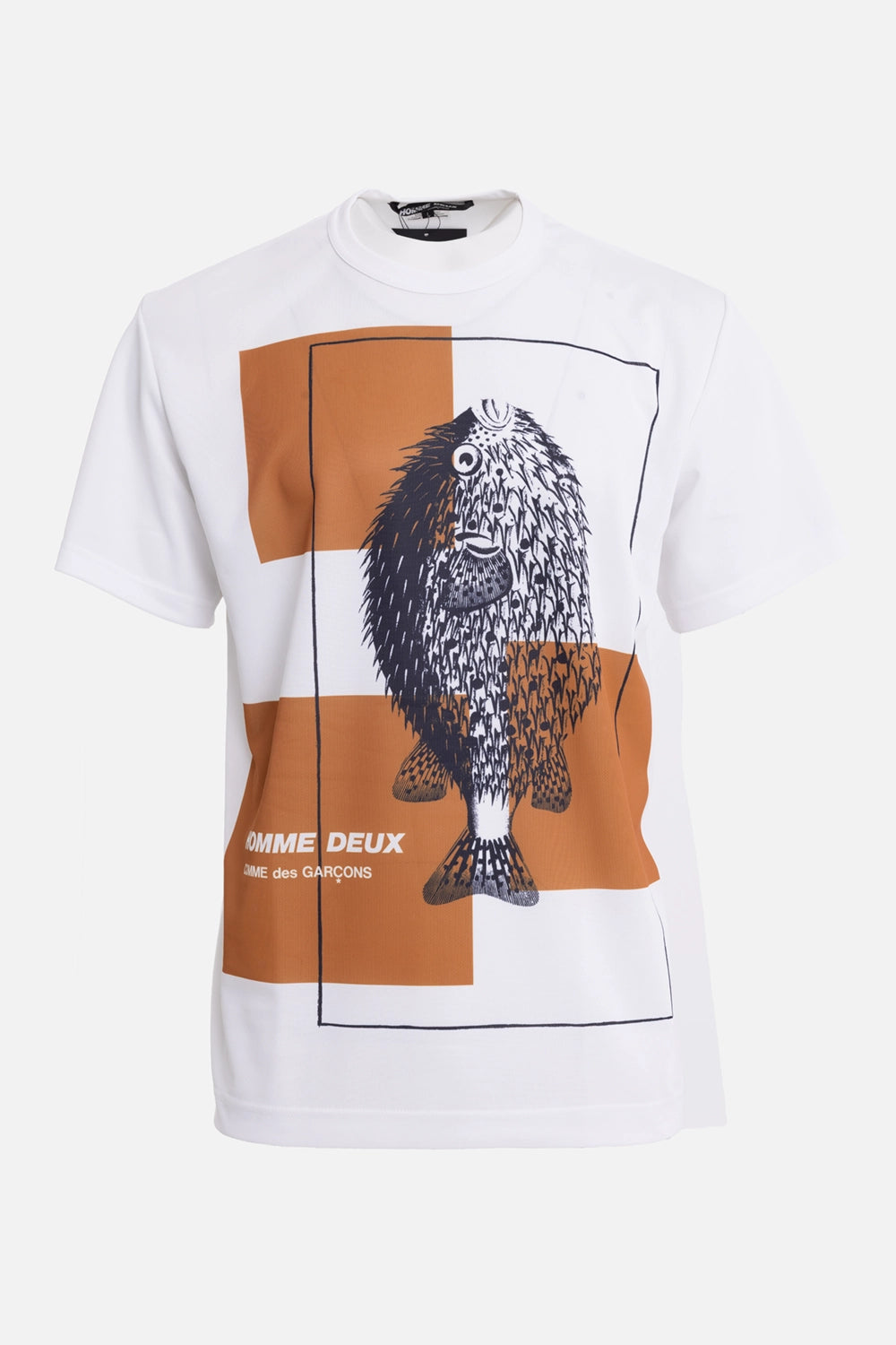 Comme des Garçons men's T-shirt in white, front view, fish screenprint over rust graphic blocks