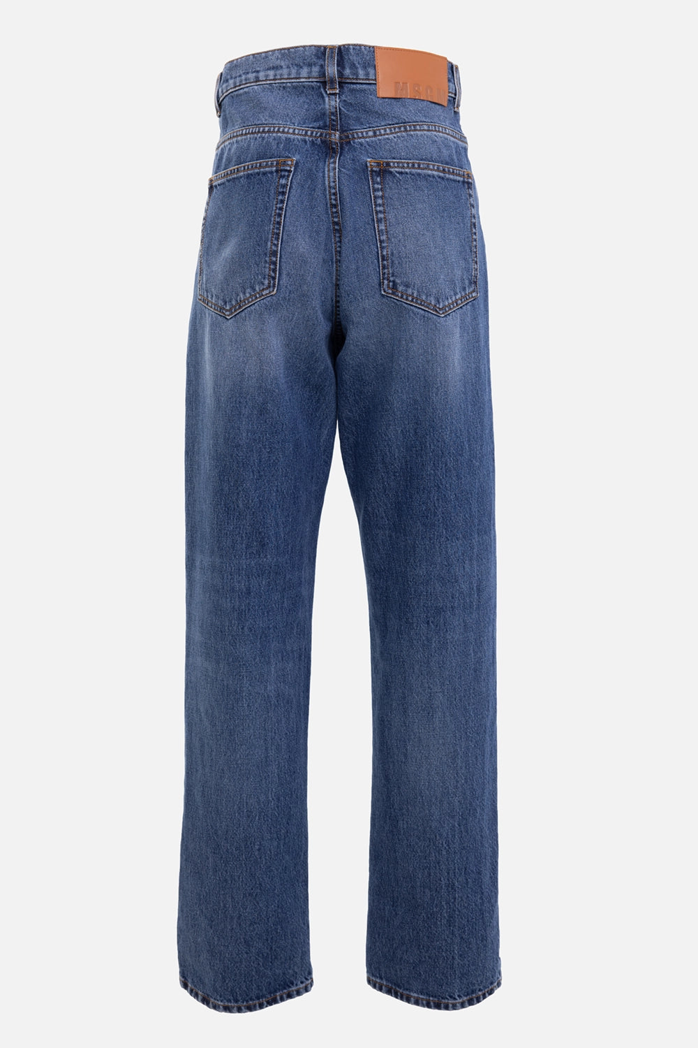 MSGM women's five-pocket jeans in light blue, back view, leather logo patch and patch pockets