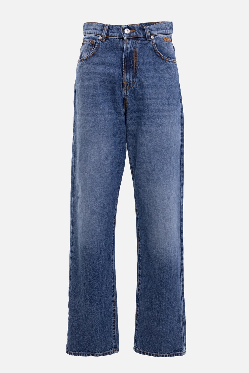 MSGM women's five-pocket jeans in light blue, front view, metal button and contrast stitching