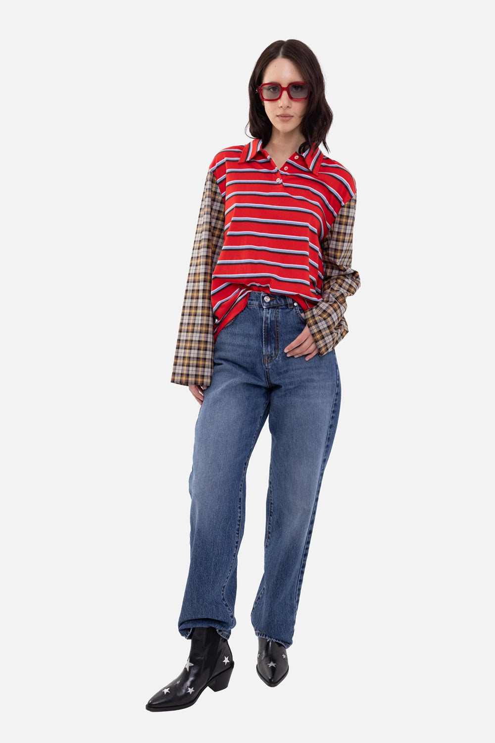MSGM women's five-pocket jeans in light blue, on-model full-length view, straight leg and faded wash