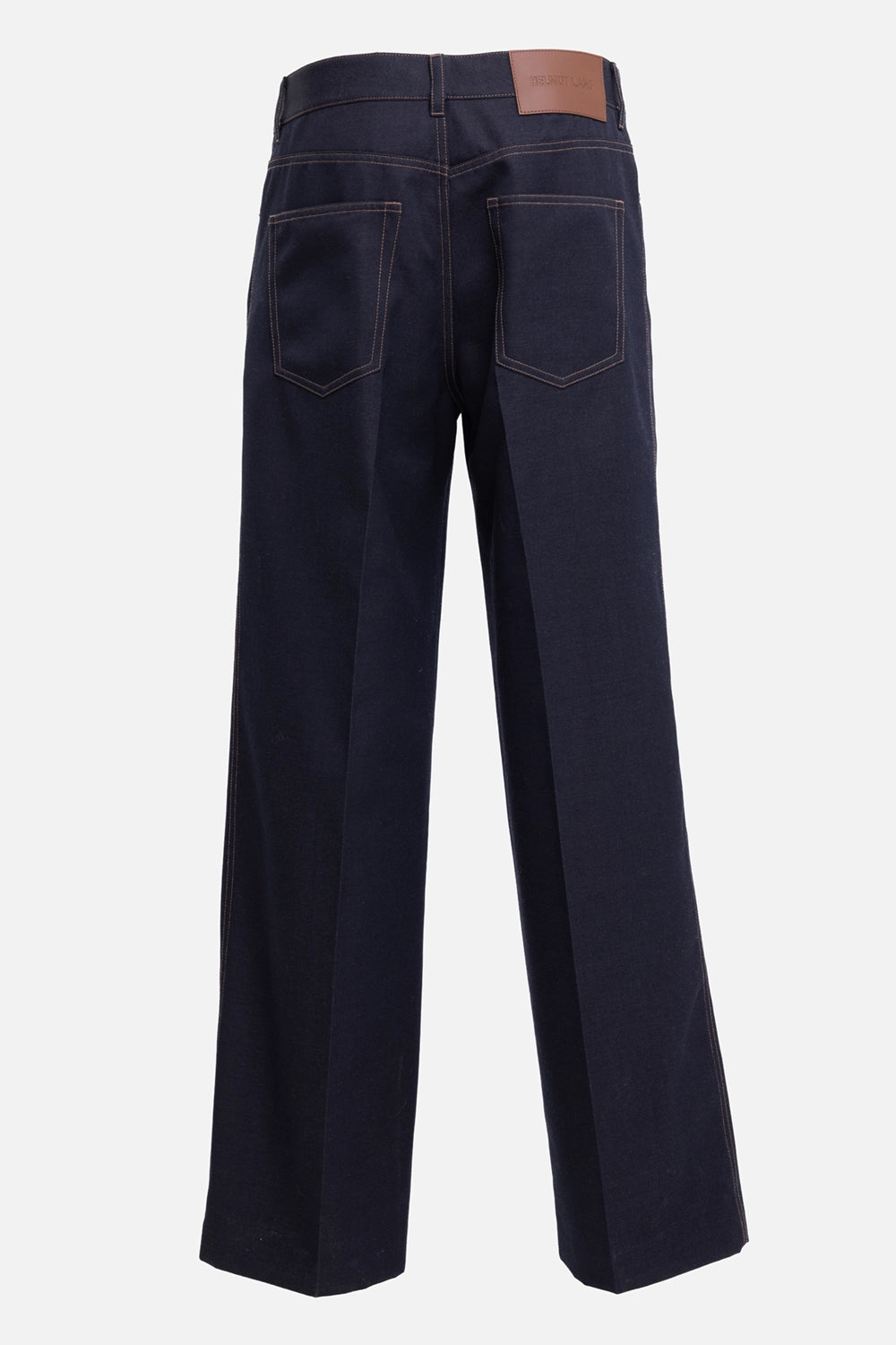 Helmut Lang men's five-pocket trouser in navy melange, back view, twin patch pockets and leather logo patch