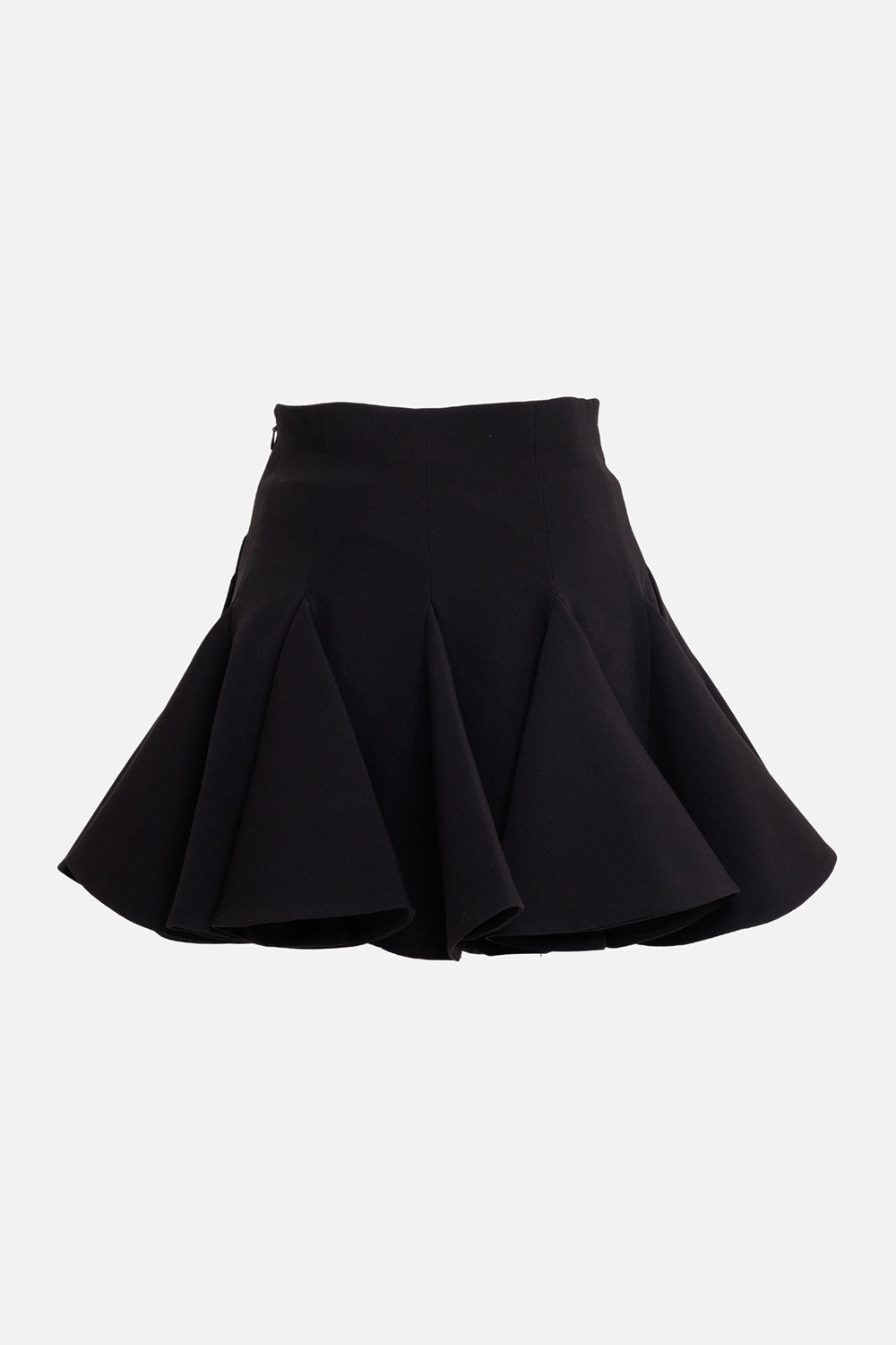 Des Phemmes women's black mini skirt, back view with shaped seams and voluminous flared hem