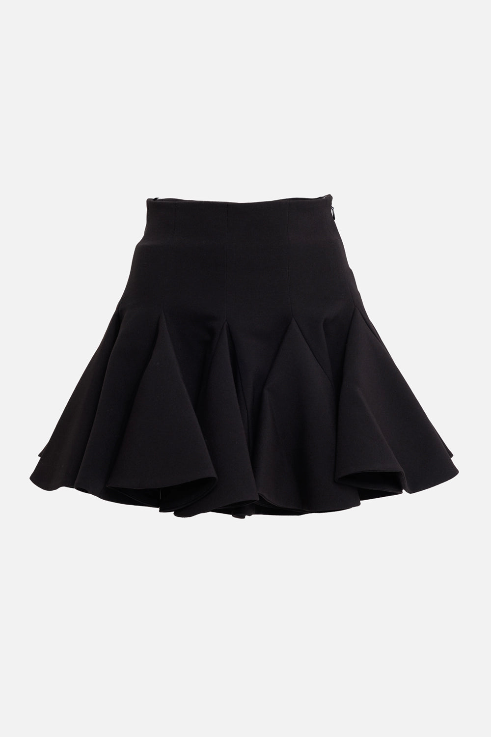 Des Phemmes women's black mini skirt, front view with fitted waist and sculptural godet inserts