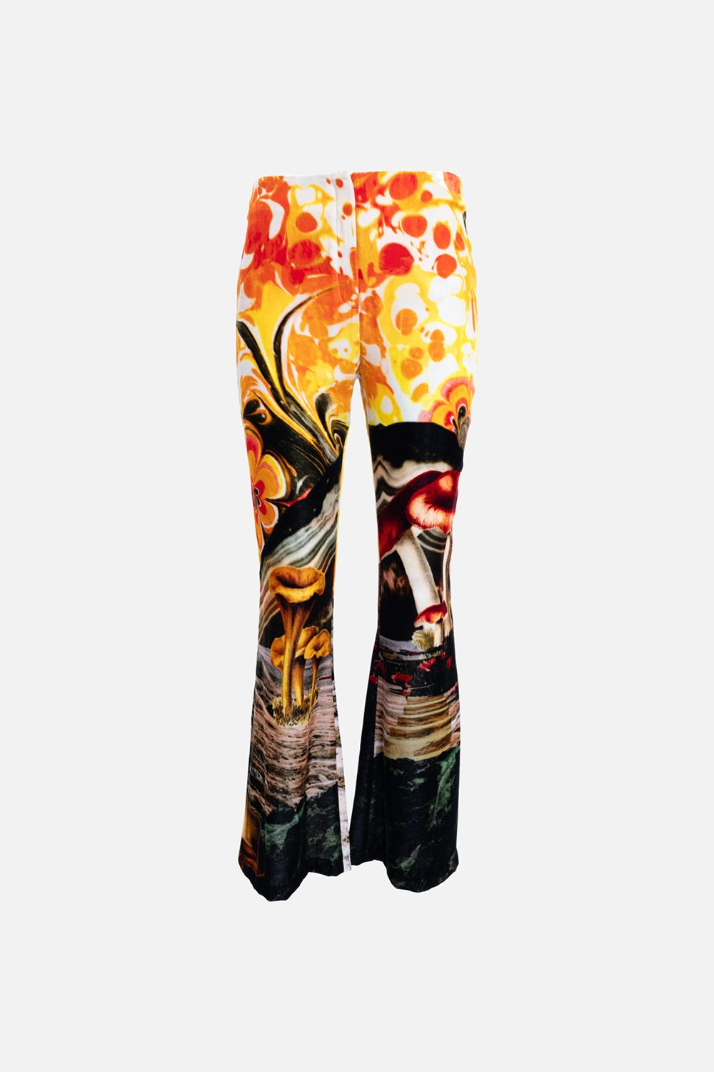 Pre-owned Acne Studios women’s flared pants in multicolor, front view, mushroom print at hem