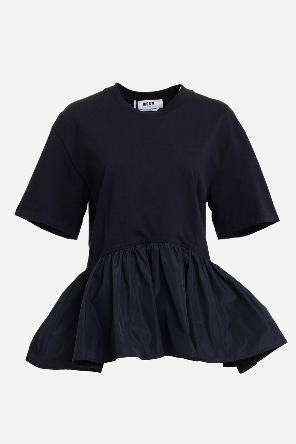 MSGM women's flared T-shirt in Black, front view, gathered peplum hem and crew neck
